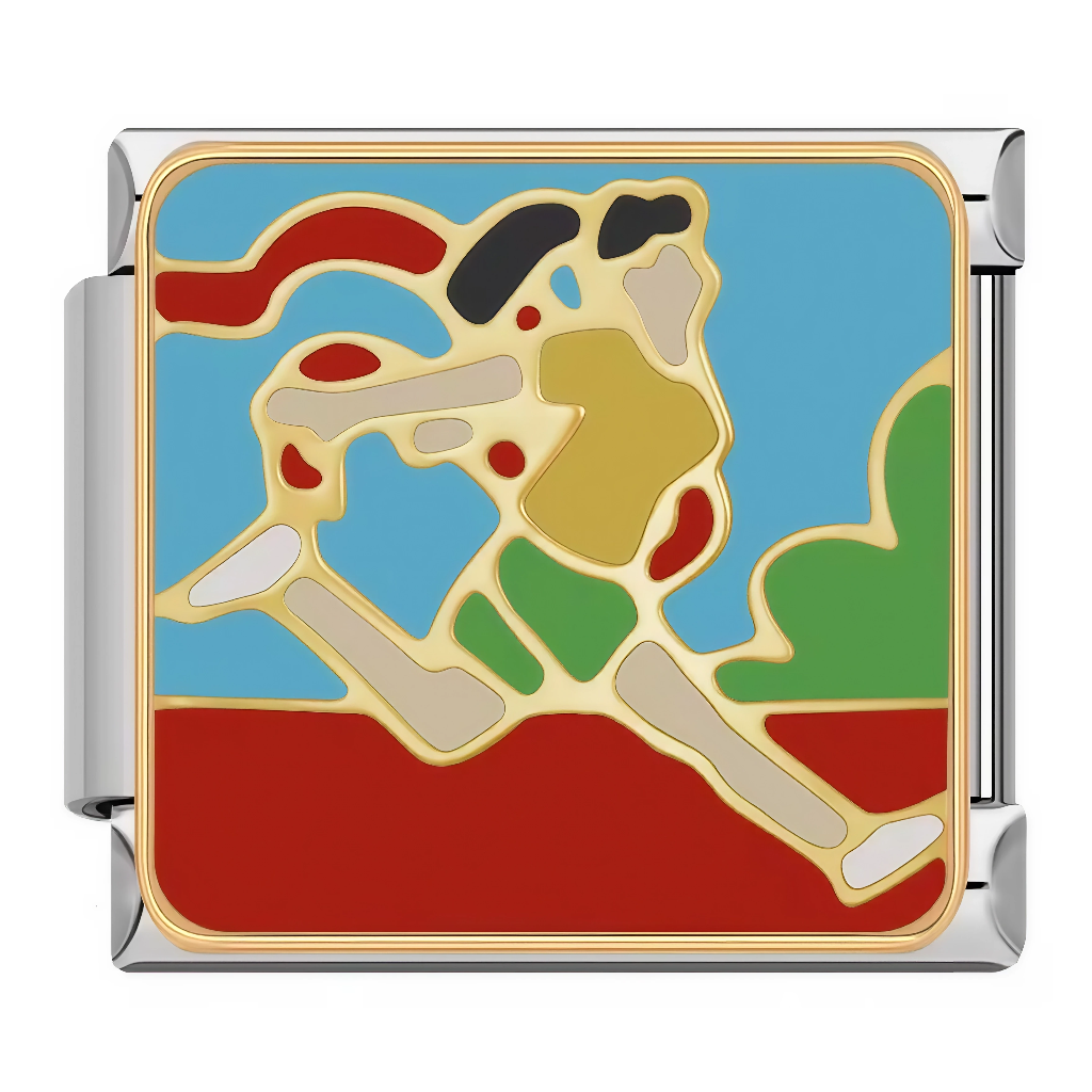 Ce charm italien dépeint un&nbsp;athlète en train de courir, avec un short vert, maillot jaune, chaussures blanches et ruban rouge flottant au vent. Ce design coloré et dynamique est idéal pour les runners ou fans de sport qui veulent célébrer l’endurance sur leur bracelet à charms italien.