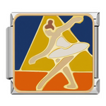 Ce charm italien illustre une&nbsp;danseuse de ballet en tutu blanc, bras levés en arabesque sur pointes, sur fond bleu marine et jaune-orangé. Ce motif gracieux est idéal pour les passionnées de danse classique qui veulent élégance et mouvement sur leur bracelet à charms italien.