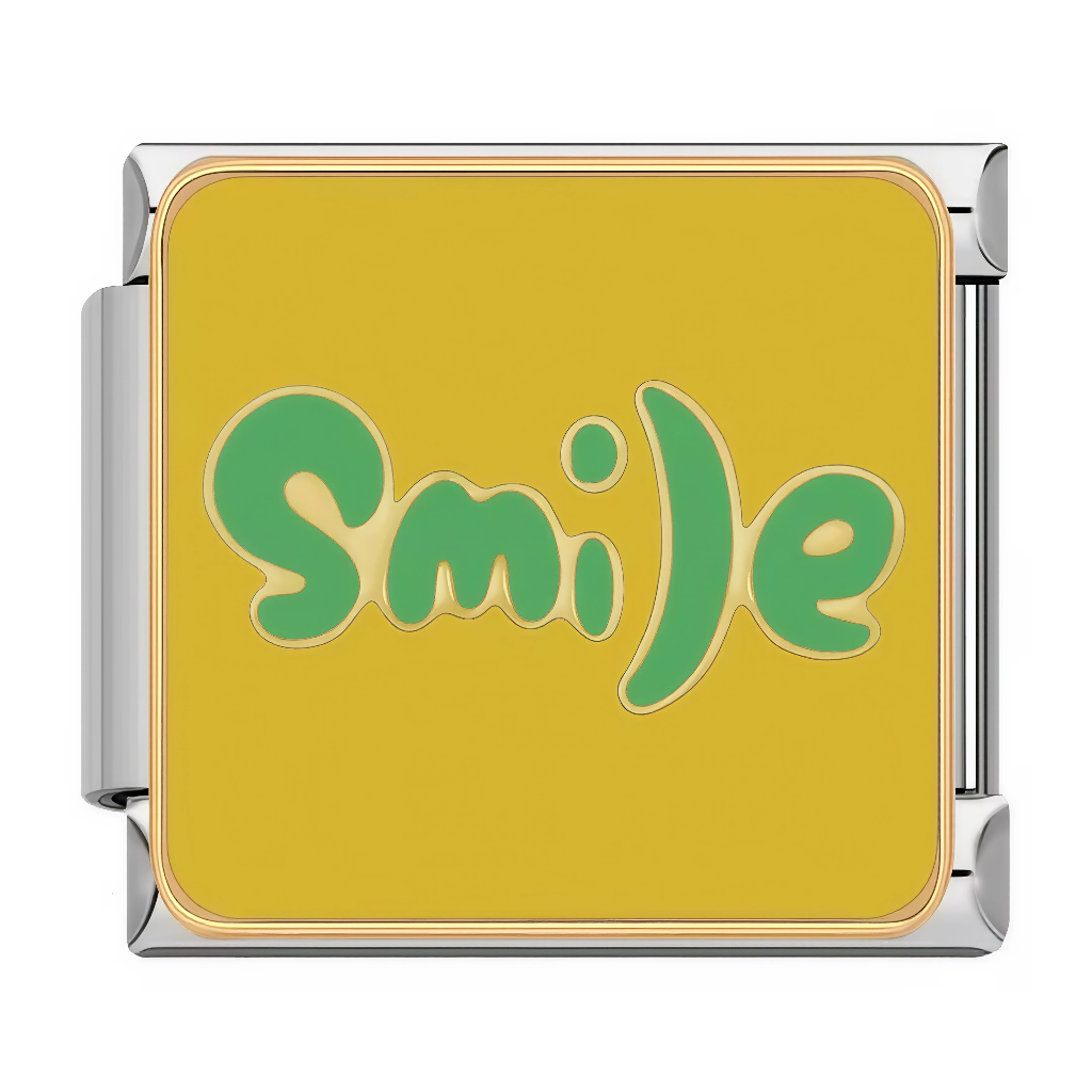 Ce charm italien affiche le mot&nbsp;“Smile” en lettres vert pastel sur un fond jaune vif, dans un style arrondi très joyeux. Il diffuse immédiatement de la bonne humeur au poignet et s’accorde parfaitement avec d’autres charms colorés sur un bracelet italien.