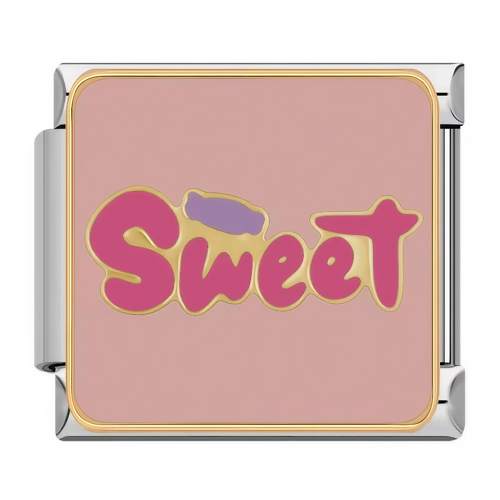 Ce charm italien affiche le mot&nbsp;“Sweet” en rose bonbon sur une base dorée, sur un fond rose poudré très doux. Il est parfait pour symboliser une personnalité tendre, gourmande ou affectueuse sur un bracelet à charms italien.