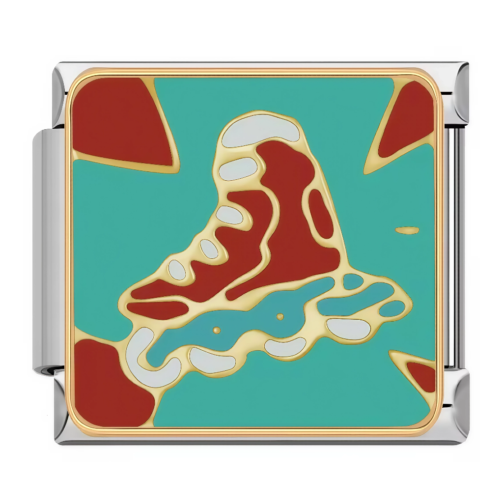 Ce charm italien représente une paire de&nbsp;patins à roulettes stylisés en rouge avec lacet blanc, sur un fond turquoise dynamique. Il est parfait pour les fans de roller ou de glisse urbaine qui veulent ajouter une touche rétro et fun à leur bracelet à charms italien.