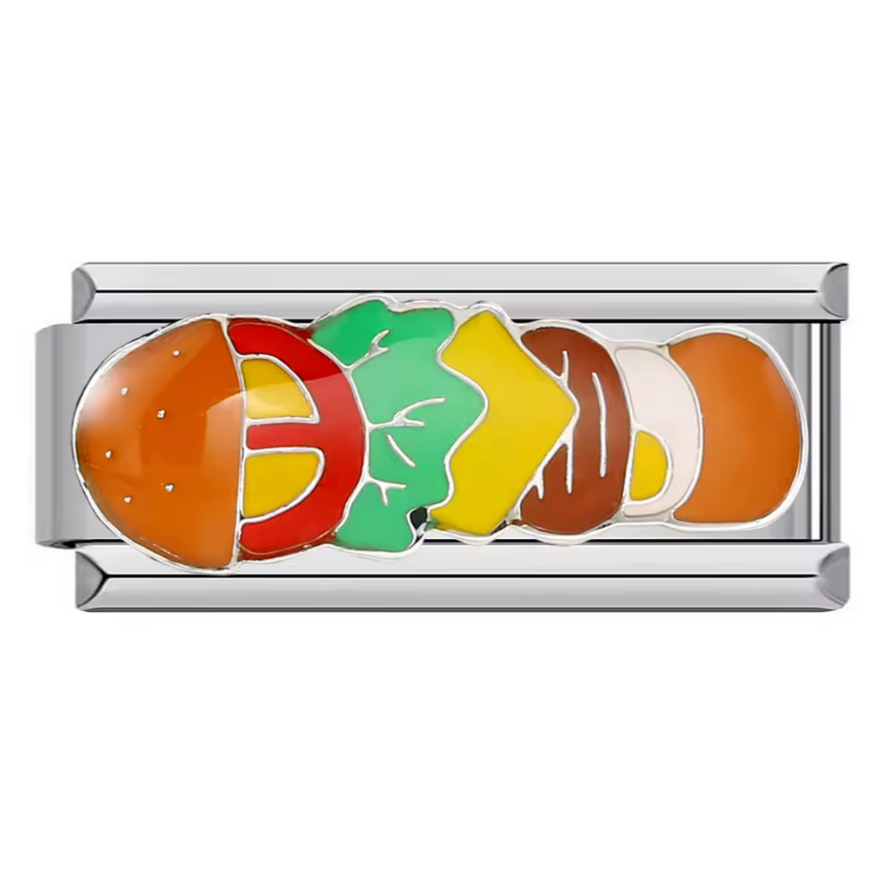 Ce charm italien gourmand représente un long burger finement détaillé, symbole de plaisir généreux et de convivialité. Confectionné en acier inoxydable argenté de haute qualité, il séduit par ses finitions précises et son éclat durable. Facile à fixer, il s’adapte parfaitement à nos bracelets composés de 17 maillons extensibles et réglables, adaptés à tous les poignets. Compatible avec tous nos charms italiens, ce bijou original apporte une touche fun et gourmande à votre collection.