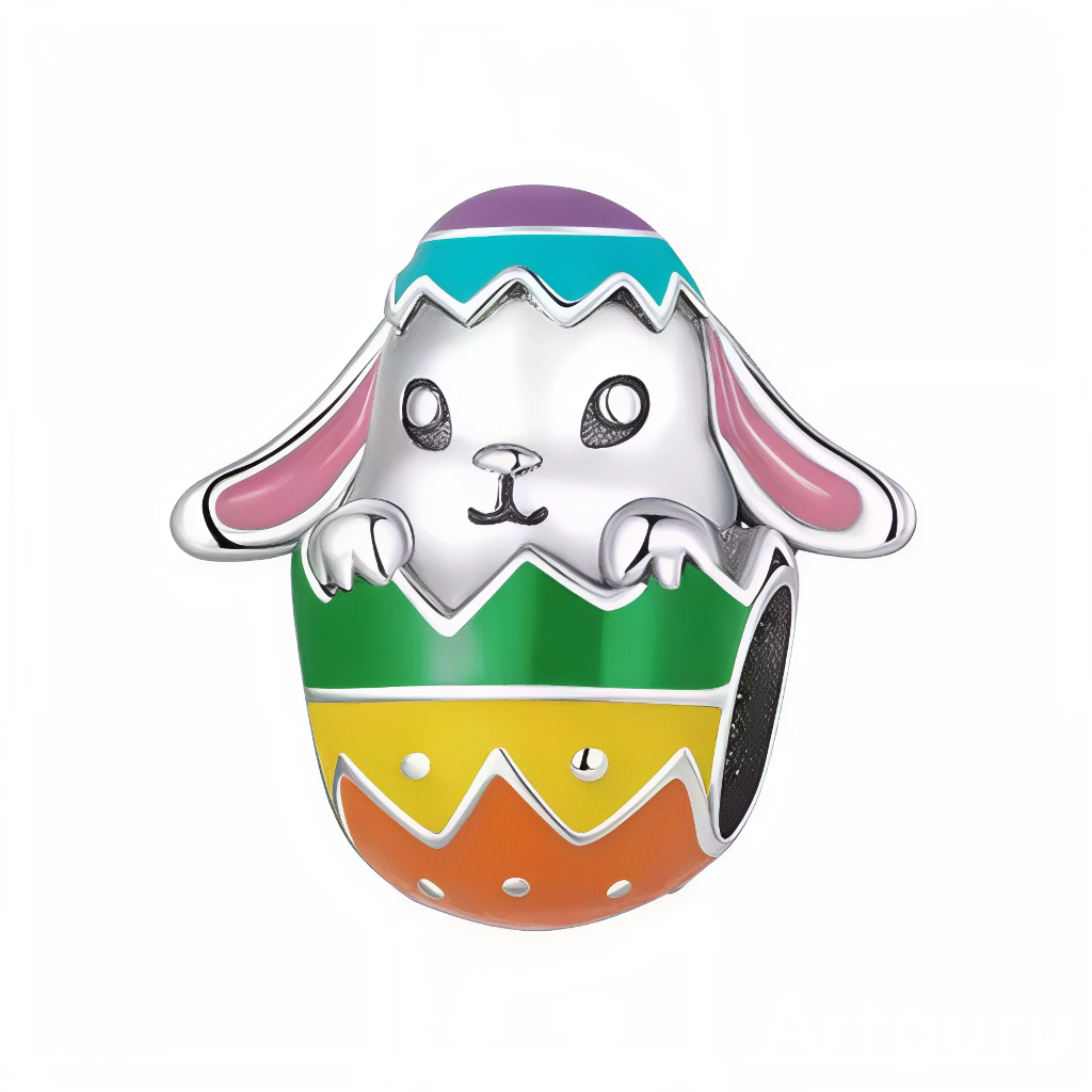 Ce charm pendentif montre un lapin blanc adorable émergeant d’un œuf arc-en-ciel en émail (vert, jaune, orange, violet), avec un bonnet rayé bleu-violet et des oreilles roses pendantes pour un look printanier irrésistible. Les grands yeux expressifs et les pattes potelées du lapin ajoutent une tendresse kawaii, tandis que les bords crantés de l’œuf évoquent l’éclosion miraculeuse. L’anneau supérieur rond permet une suspension joyeuse au poignet.