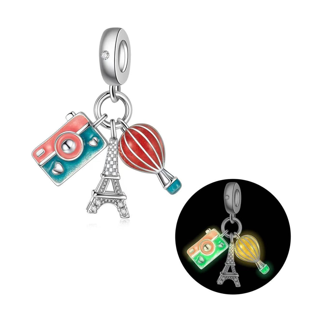 Ce charm triple pendant en argent 925 réunit un appareil photo bicolore corail et turquoise, une montgolfière rouge rayée et une tour Eiffel pavée de petits cristaux, tous suspendus à une même bélière lisse sertie d’un zircon clair. Les émaux spéciaux de l’appareil photo et du ballon s’illuminent dans le noir, ce qui donne au bijou une allure de souvenir de voyage qui brille même la nuit.

Caractéristiques :

-Matière : Argent 925 avec émail coloré et cristaux transparents.
-Design : Trio de breloques appar
