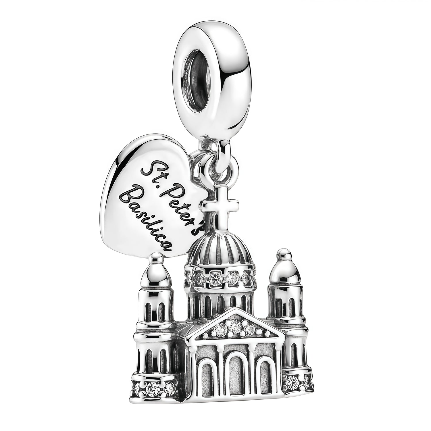 Apporte une touche spirituelle et élégante à ton bracelet avec ce charm basilique en argent. Son design raffiné, inspiré d’un monument emblématique, met en valeur une architecture détaillée et un pendentif cœur gravé “St. Peter’s Basilica”. Un bijou symbolique et sophistiqué, parfait pour les personnes attachées au voyage, à la foi et aux souvenirs précieux.

Caractéristiques :

-&nbsp;Matière : Argent 925.
-&nbsp;Design : Basilique avec pendentif cœur gravé et détails soignés.
-&nbsp;Dimensions : Taille dé