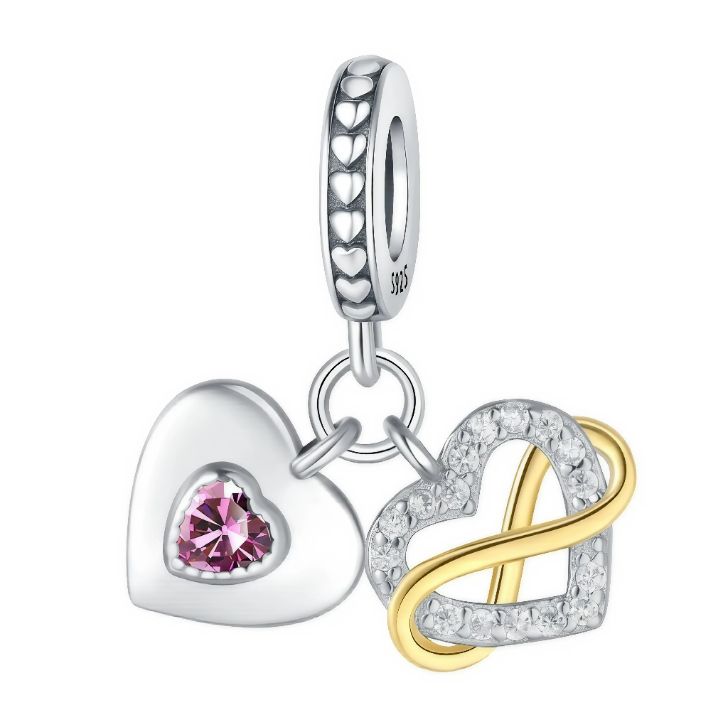 Charm double cœur infini en Argent 925 bicolore, parfait pour représenter un amour éternel ou un lien qui ne se brise jamais. L’alliance du cristal rose, des oxydes de zirconium blancs et du détail doré en forme d’infini en fait une pièce très lumineuse qui se marie facilement avec d’autres charms amoureux ou familiaux sur un bracelet type Pandora.