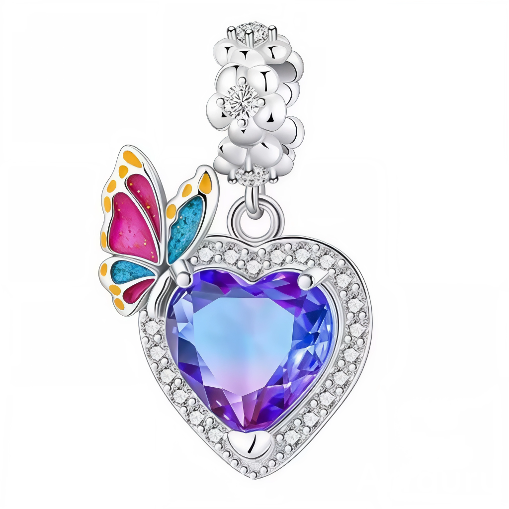 Ce charm pendentif en argent 925 met en vedette un cœur cristal arc-en-ciel bleu-violet taillé, flanqué d'un papillon aux ailes multicolores rose-bleu émaillées et surmonté d'un cluster de perles blanches pour un effet féerique et transformateur. La bélière pavée de strass assure un éclat maximal.

Caractéristiques :

Matière : Argent 925 (S925)
Design : Pierre cœur irisée violet-bleu avec papillon coloré adjacent et perles bubble, suspendu à anneau cristal.
Style : Magique et bohème, parfait pour symbolise