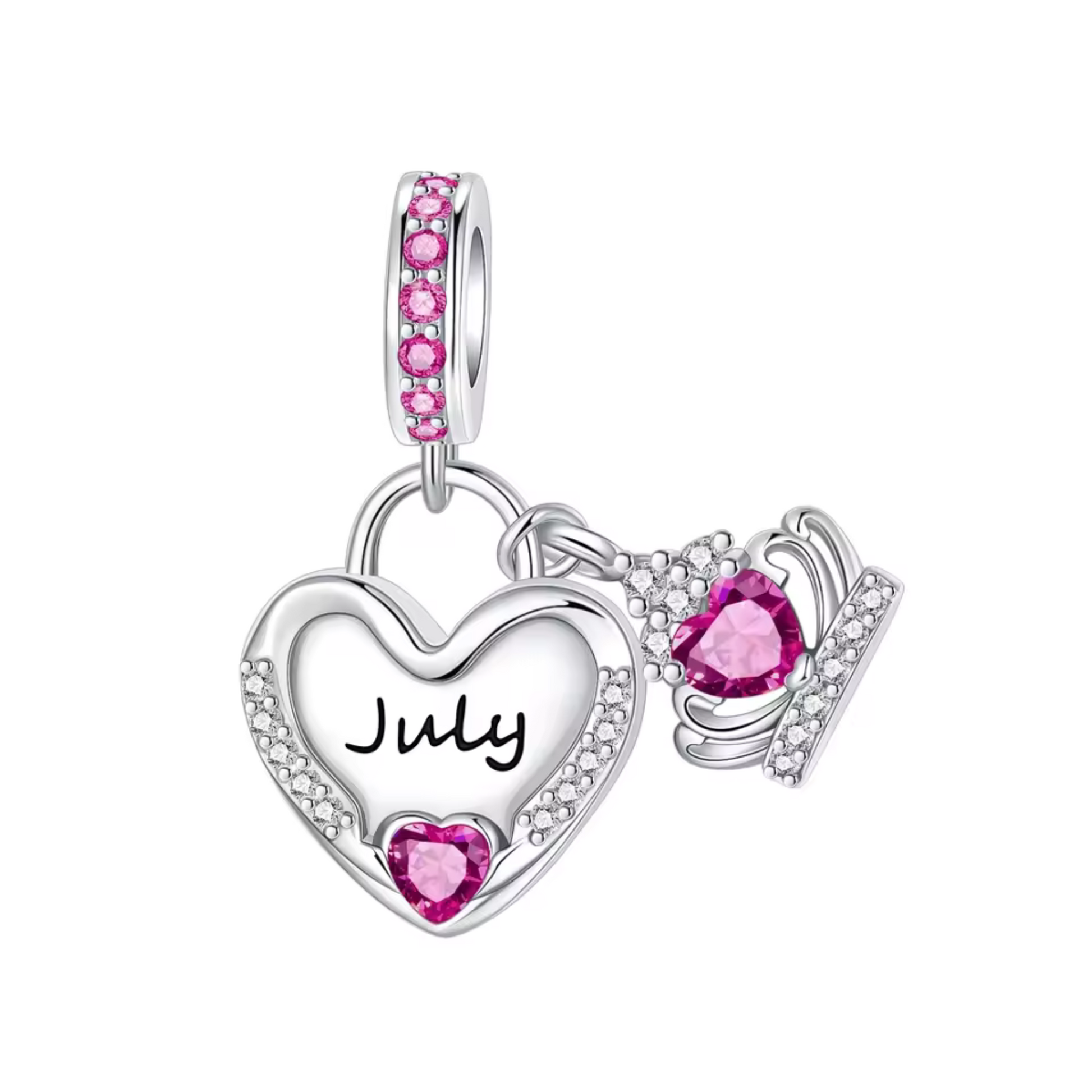 Célébrez la chaleur de l’été avec ce charm pendentif en argent 925 en forme de cœur, délicatement orné de strass rose foncé éclatants. Au centre, l’inscription « July » gravée apporte une touche personnalisée, tandis que la pierre rose foncé en forme de cœur symbolise la passion et la tendresse. Ce charm pendentif est parfait pour marquer un anniversaire de juillet ou offrir un cadeau unique, riche en signification et en élégance.