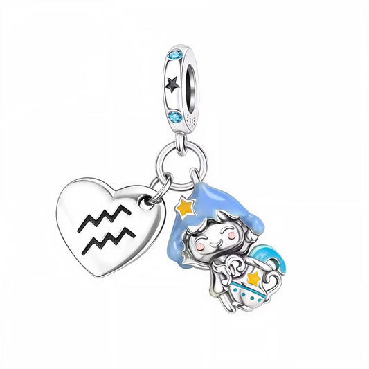 Affichez votre signe astrologique avec élégance grâce à ce charm pendentif en argent 925 en forme de cœur, mettant en valeur le symbole du Verseau finement gravé. Sur la face, un personnage représentant le Verseau, porteur d’une jarre d’eau, est délicatement dessiné et doté d’un effet glow in the dark, qui s’illumine dans l’obscurité pour une touche mystérieuse et unique. Ce charm est parfait pour les natifs du Verseau ou pour offrir un bijou personnalisé et symbolique.