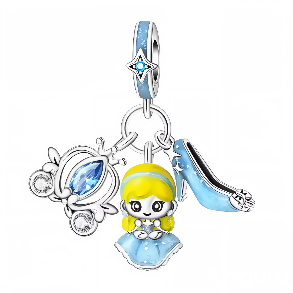 Ce charm capture la magie d’un conte de minuit. La petite princesse en robe bleu ciel pailletée est encadrée d’un carrosse orné d’une pierre bleue taille navette et d’un escarpin laqué assorti, symbole de l’instant merveilleux. La bélière bleue décorée d’une étoile sertie renforce l’esprit enchanté. Idéal pour un thème bal, Disney‑like ou cadeau de rêve.