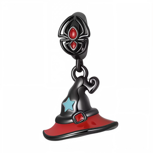 Ajoutez une touche de mystère et de magie à vos bijoux avec ce charm original chapeau de sorcière au style ensorcelant ! Réalisé en argent 925 plaqué noir, il se distingue par son grand chapeau pointu à large bord rouge, décoré d’une étoile bleue et d’une boucle rouge en relief. La bélière, finement travaillée en forme d’araignée, est ornée de cabochons rouges pour une note encore plus Halloween. Ce mélange élégant de couleurs profondes et d’émail brillant donnera du peps et du caractère à votre collection 