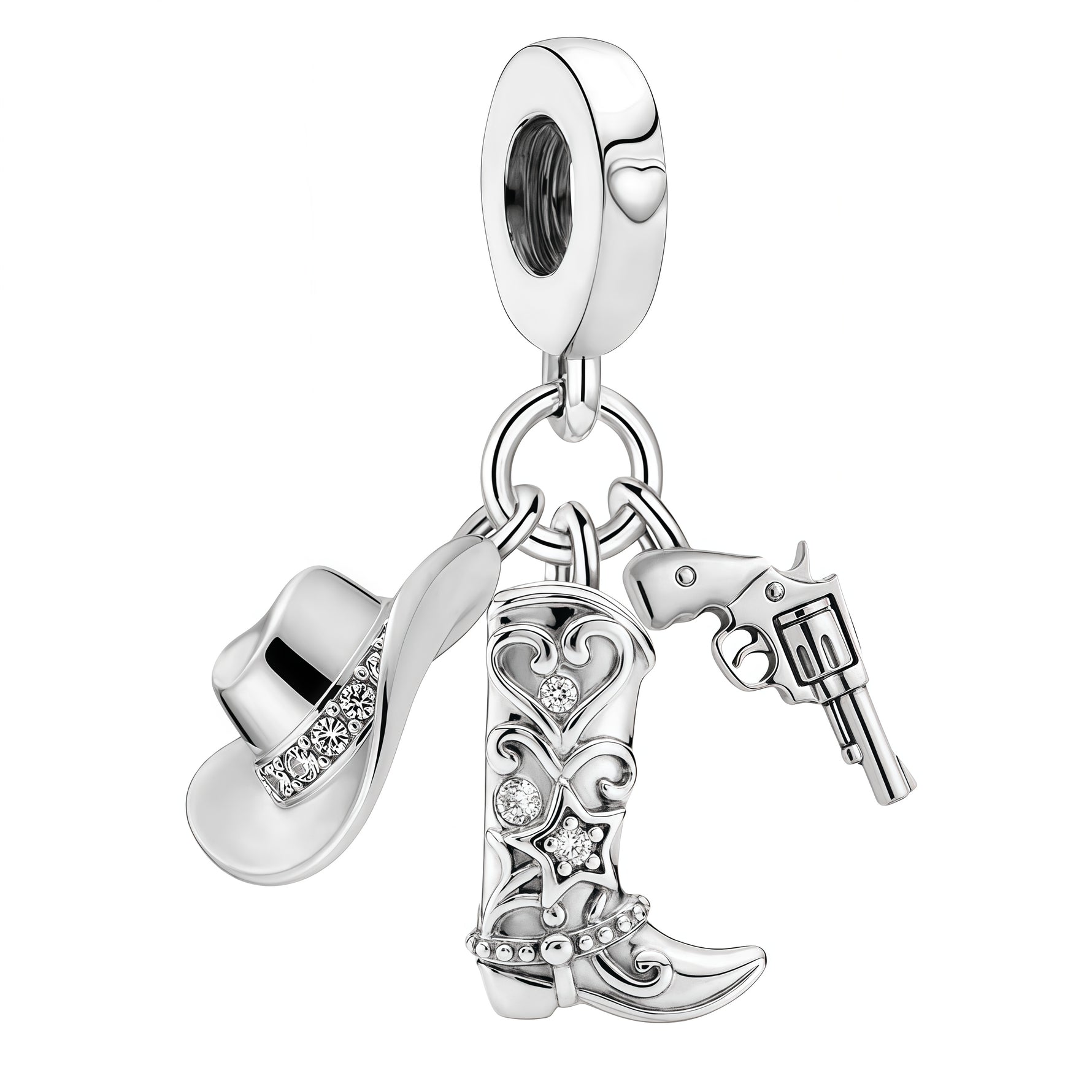 Apporte une touche western et originale à ton bracelet avec ce charm pendentif chapeau et bottes cowboy. Inspiré de l’univers country, ce bijou met en valeur un chapeau de cowboy et une paire de bottes avec des détails soignés et un style plein de caractère. Un charm fun et tendance, parfait pour celles et ceux qui aiment l’esprit western et les bijoux symboliques.

Caractéristiques :

- Matière : Argent 925 avec détails en émail coloré.
- Design : Chapeau de cowboy et bottes en version pendentif.
- Dimensi