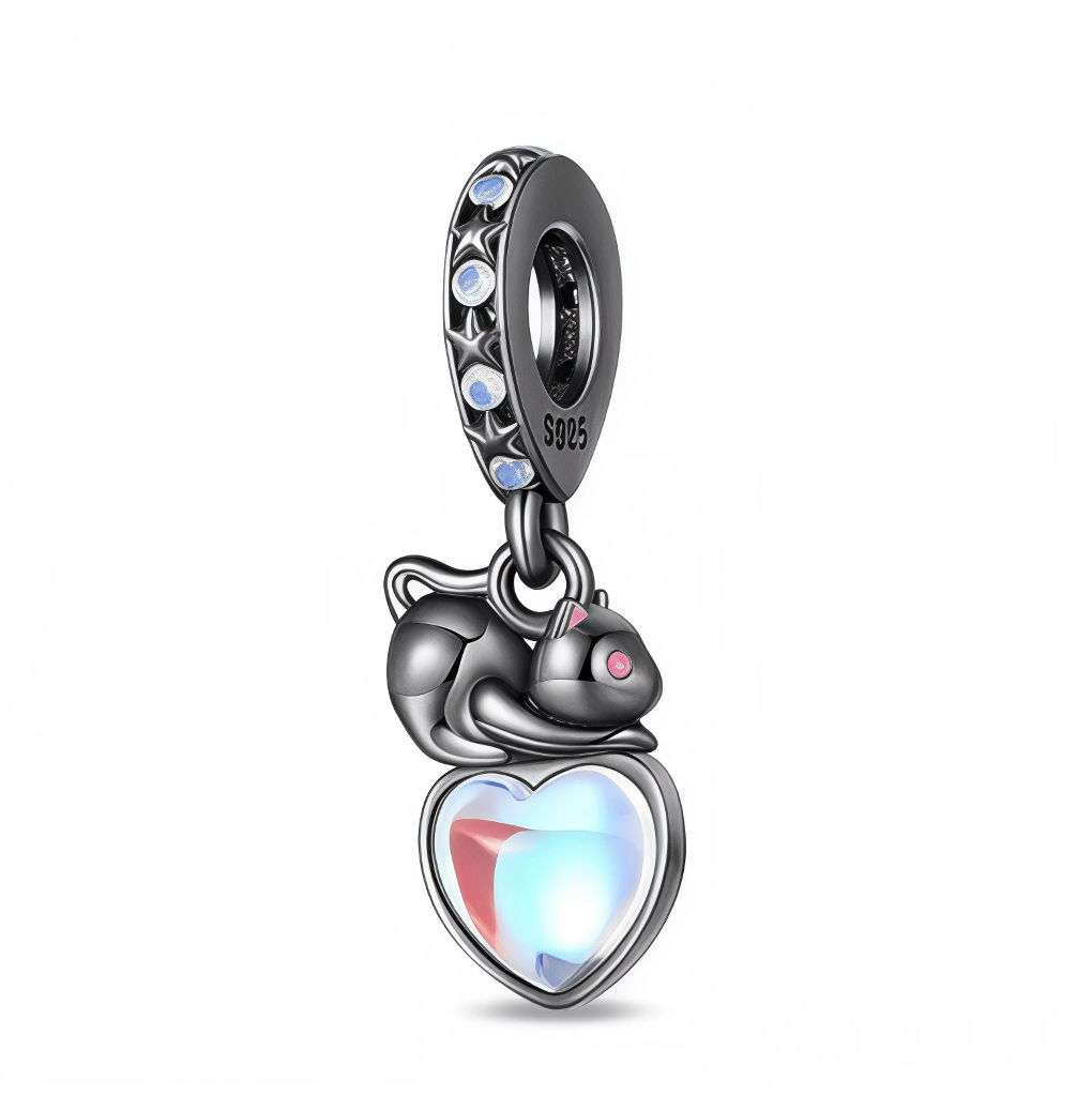 Ce charm pendentif en argent 925 noirci met en scène un petit chat lové au‑dessus d’un grand cœur bombé effet opale, dont les reflets bleus et rosés rappellent la lueur de la lune. La bélière sombre est décorée d’étoiles en relief serties de petites pierres bleues, renforçant l’ambiance nocturne et mystérieuse du bijou.