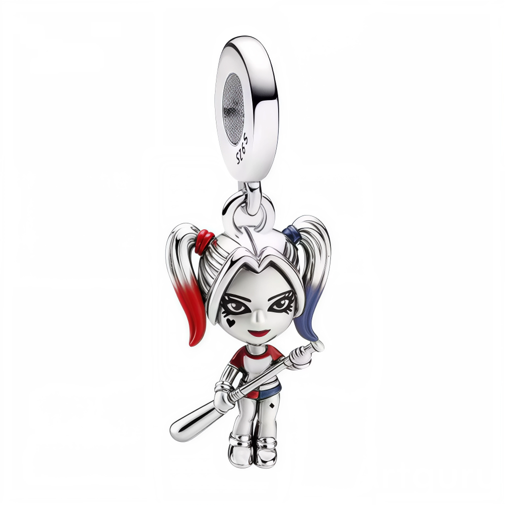 Ce charm capture toute la fantaisie et l’énergie de Harley Quinn, symbole d’impertinence et d’indépendance. On retrouve ses emblématiques couettes colorées, son maquillage déjanté, et sa fameuse batte de baseball, prête pour l’action. Les contrastes entre le rouge, le bleu et l’argent mettent en valeur sa tenue sportive et ses accessoires favoris, offrant un résultat moderne qui attire instantanément le regard.