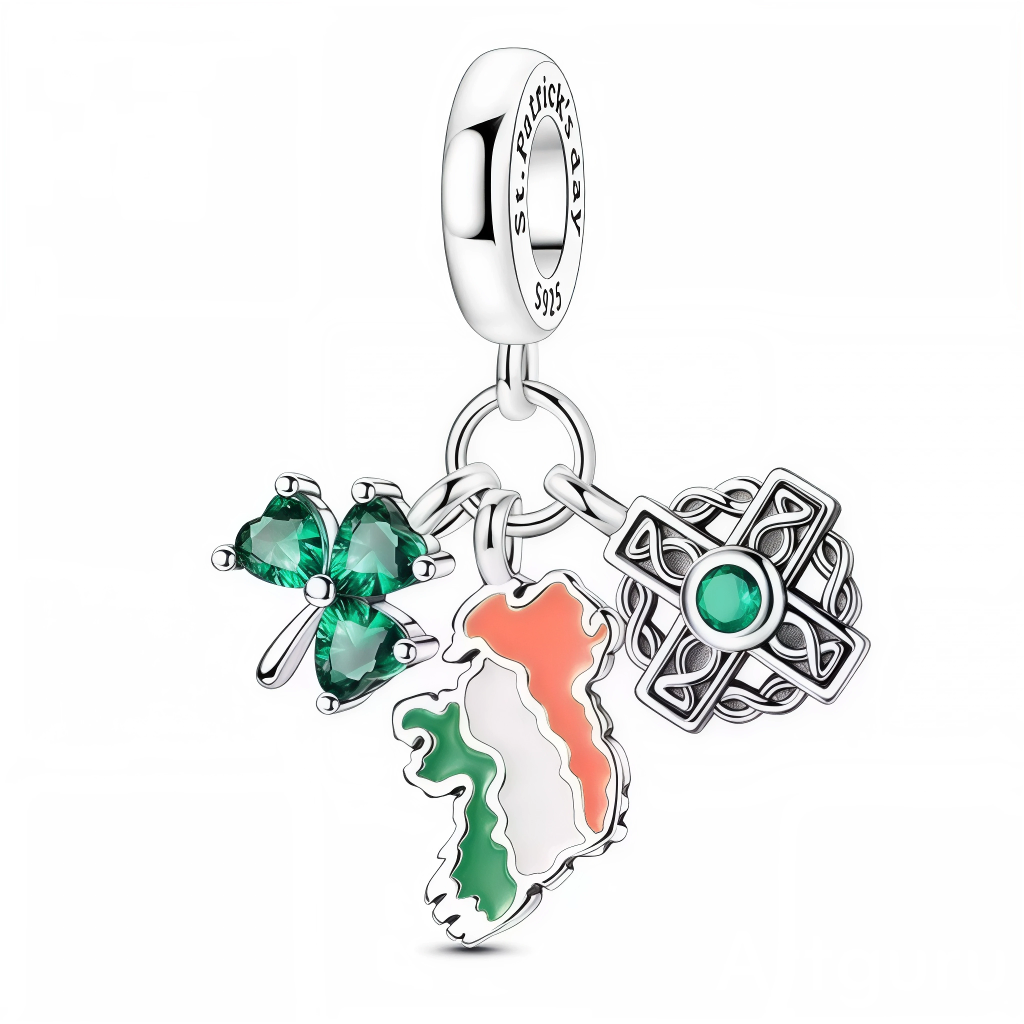 Ce charm pendant célèbre l’Irlande avec trois breloques : un trèfle vert scintillant à trois feuilles, un pendentif carte du pays aux couleurs du drapeau irlandais et une croix celtique ajourée ornée d’un cristal vert. L’anneau supérieur lisse porte la gravure « St. Patrick’s day S925 », rappelant la fête emblématique et la qualité de l’argent sterling. Symbole de chance, de foi et de fierté irlandaise, ce bijou apporte une touche festive et lumineuse à tout bracelet.

Caractéristiques :

Matière : Argent 9