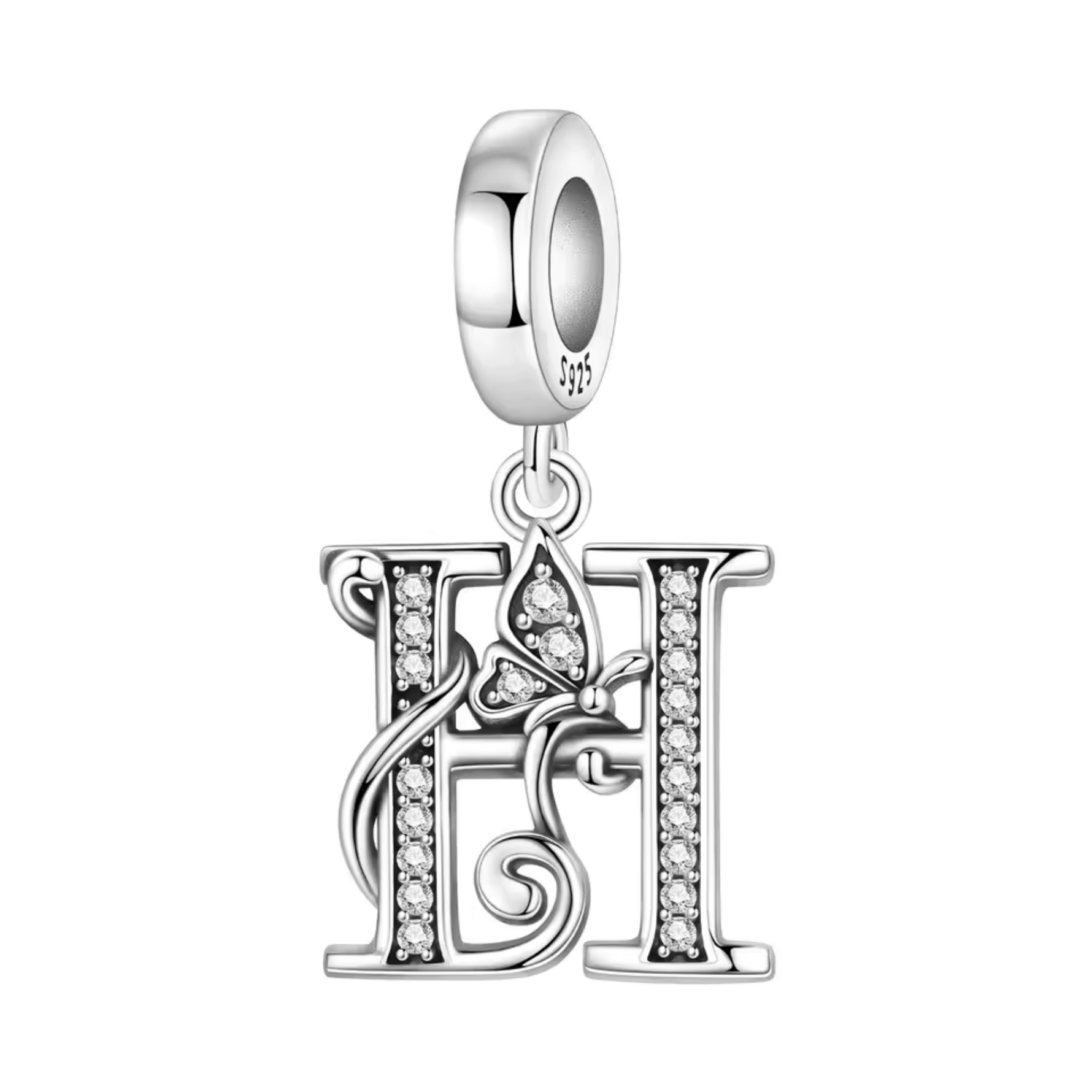 Exprimez votre élégance et votre personnalité avec ce charm pendentif en argent 925 représentant la lettre "H" stylisée dans un design raffiné. La lettre est ornée de strass scintillants qui ajoutent une touche de brillance délicate, accompagnée d’un petit papillon argenté symbolisant légèreté et liberté. Un bijou chic et sophistiqué, parfait pour personnaliser votre bracelet ou offrir un cadeau significatif.