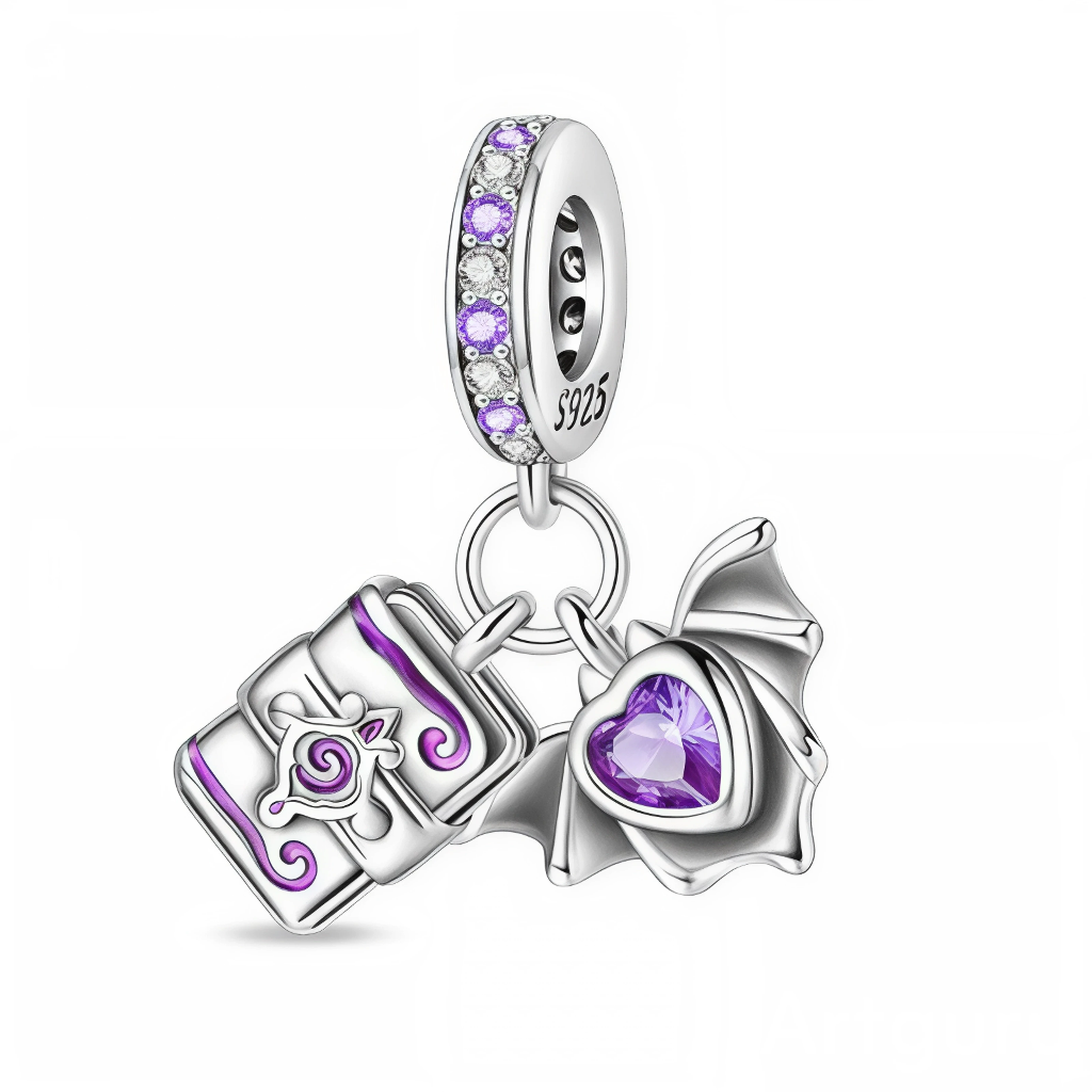 Ce charm pendentif en argent évoque un univers mystique avec deux breloques détaillées : un petit grimoire orné de motifs violets et une chauve-souris stylisée aux ailes déployées, abritant en son centre un cœur serti d’un cristal violet brillant. La bélière pavée d’alternance de pierres violettes et claires ajoute une touche lumineuse, parfaite pour symboliser la magie, Halloween ou une passion pour les histoires fantastiques.
