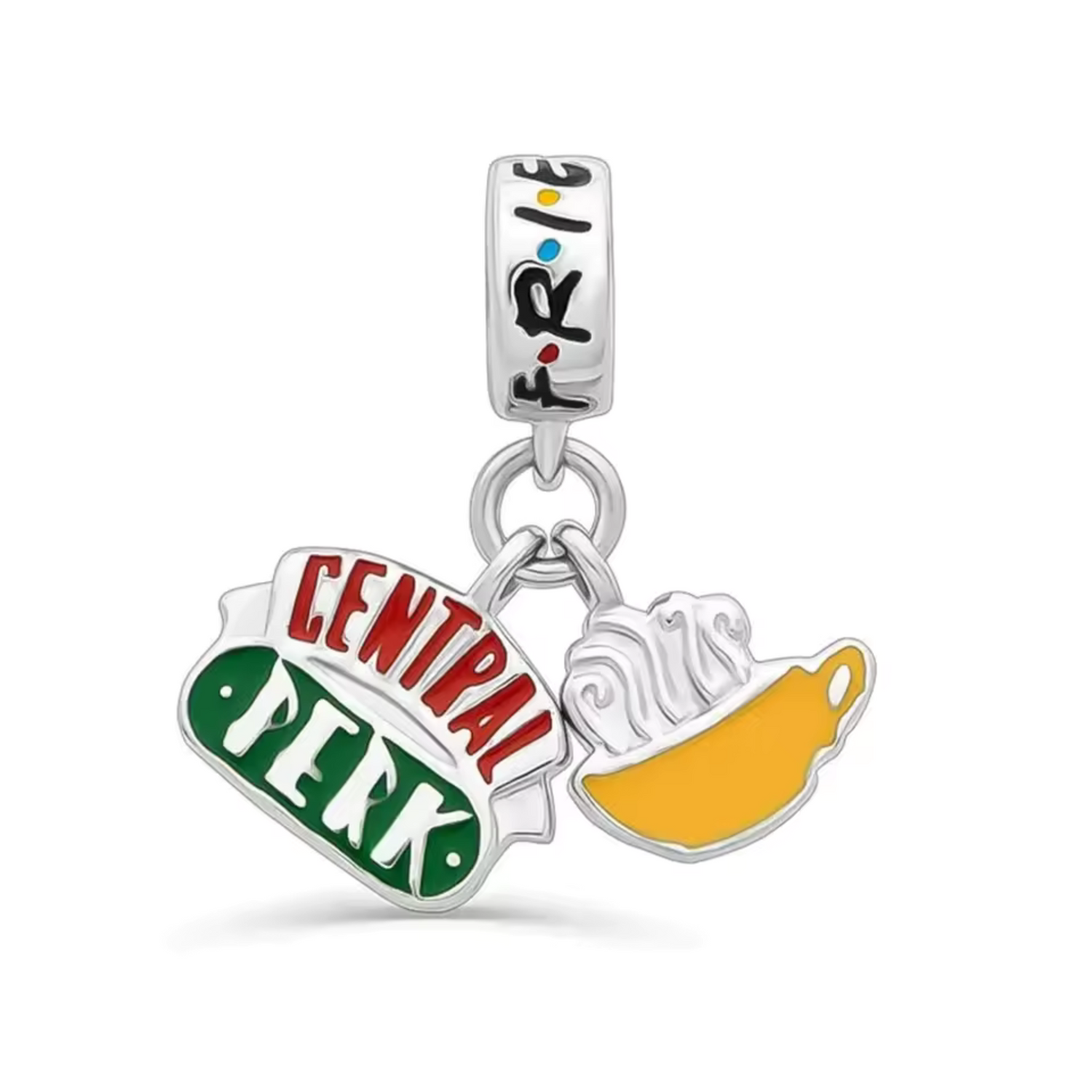 Ce charm pendentif met à l'honneur le célèbre logo du Central Perk avec sa tasse emblématique, le café préféré des personnages de Friends. Représentant un lieu central où les amis se retrouvent, ce charm est idéal pour tous les fans de la série qui souhaitent emporter avec eux un petit souvenir de ce café iconique.