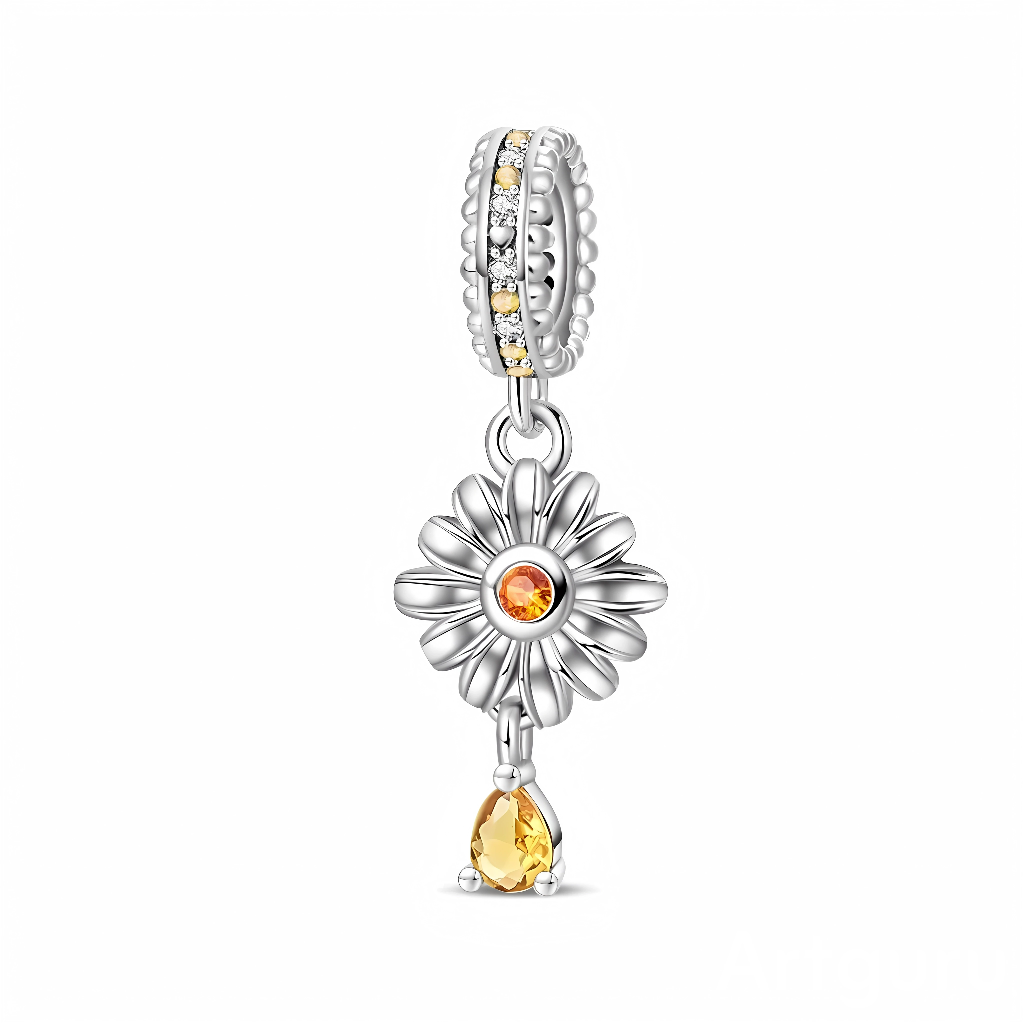 Ce charm pendant en argent 925 prend la forme d’une marguerite aux pétales bombés, centrée par un cristal rond jaune orangé qui rappelle le cœur chaud de la fleur. La bélière est entièrement sertie de petites pierres blanches et jaunes, tandis qu’une goutte facettée jaune miel suspendue sous la marguerite ajoute un mouvement lumineux à chaque geste.

Caractéristiques :

-Matière : Argent 925 avec zirconias blancs et jaunes.
-Design : Marguerite détaillée avec centre étincelant et pierre goutte pendante.
-Co