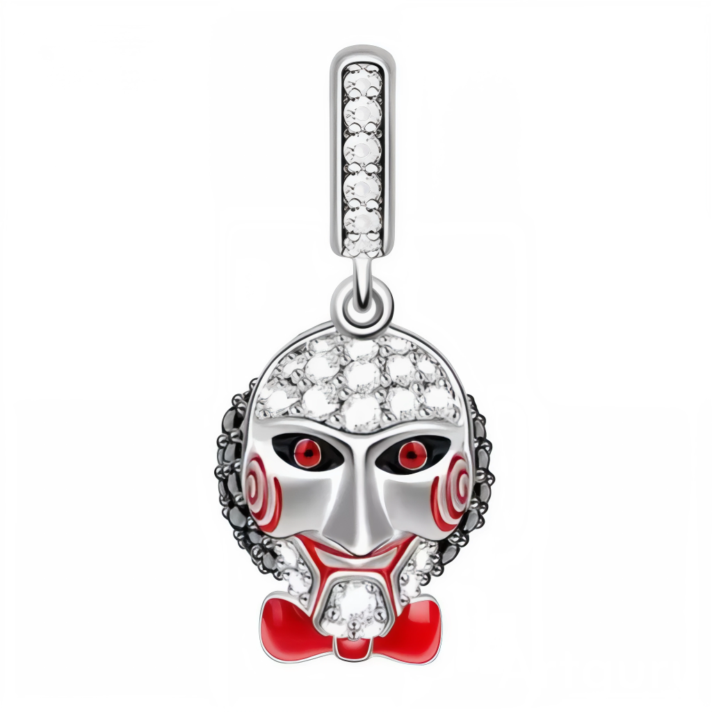 Ce pendentif reprend la silhouette glaçante du célèbre masque: yeux rouges cerclés de noir, spirales rouges sur les joues et nœud papillon laqué rouge. Le front est pavé de micro‑zircons étincelants tandis que la bélière alignée de pierres apporte une brillance continue. Une pièce statement pour les fans de films d’horreur et les compositions thématiques d’octobre.