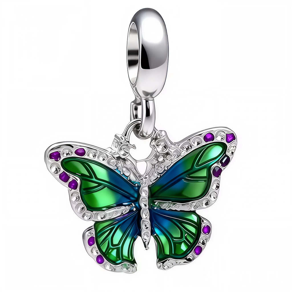 Ce charm pendentif en argent 925 capture un papillon morpho aux ailes vert-turquoise nacrées et violettes, ornées de cristaux améthyste et de pavage strass pour un effet iridescent hypnotique et naturel. Suspendu à une bélière lisse avec antennes stylisées, il évoque la transformation et la beauté éphémère.

Caractéristiques :

Matière : Argent 925 (S925)
Design : Papillon aux ailes émaillées vert-bleu-violet, bordées de pierres violettes et strass, avec détails subtils sur anneau simple.
Style : Élégant et