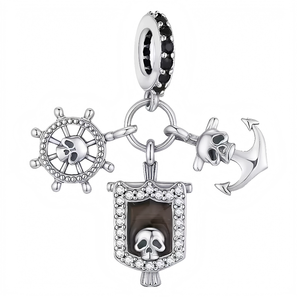 Plongez dans l’univers des pirates avec ce charm "Pirate des Caraïbes" unique, en argenté éclatant. Il présente trois breloques détaillées : une roue de navire ornée d’un crâne, un ancre décorée d’une tête de mort, et un drapeau pavé de strass charriant l’emblème pirate. Parfait pour les amateurs d’aventure ou les fans de la légende des Caraïbes, ce charm apportera une touche rebelle et raffinée à votre bracelet ou collier.