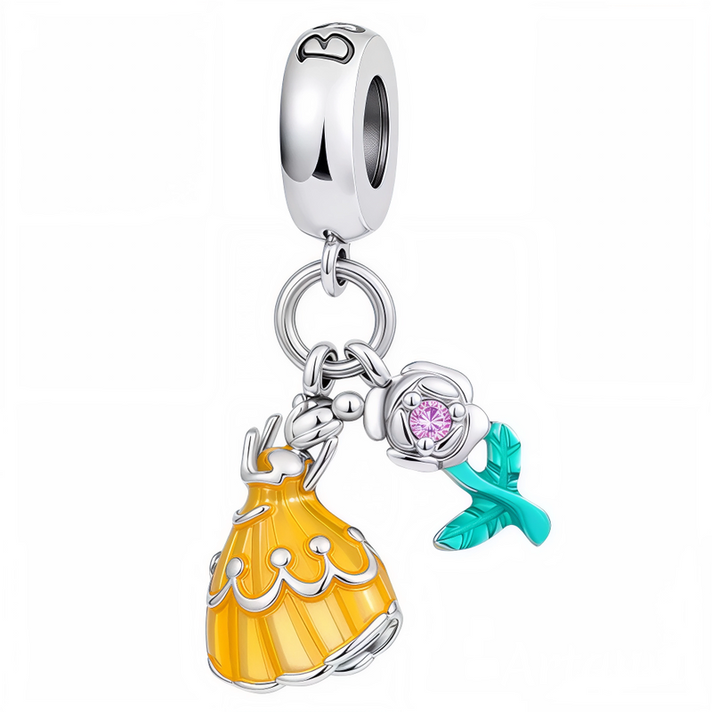 Ce charm romantique enchanteur présente une robe de bal jaune doré évasée à volants festonnés, accompagnée d'une rose bouton stylisée rose pâle sertie d'un cristal violet et d'une feuille verte turquoise effilée. Suspendu à un anneau gravé d'une lettre élégante pour une fixation aisée, l'ensemble évoque grâce et passion fleurie. Symbole d'amour éternel et élégance princière, il embellit les bracelets d'un raffinement féerique irrésistible.

Caractéristiques

Matière : Argent 925 avec émail jaune, rose, turq