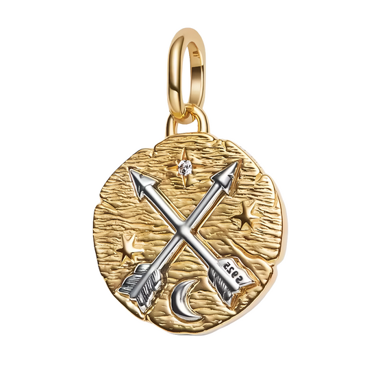 Ce charm pendentif en&nbsp;argent 925&nbsp;met en scène deux flèches croisées sur un médaillon texturé, entourées d’étoiles et d’un croissant de lune pour une esthétique talisman céleste et moderne. Les flèches croisées symbolisent l’amitié, la protection et l’élan vers l’avant, tandis que la lune et les étoiles évoquent intuition, guidance et espoir, idéal pour personnaliser un bracelet à charms ou un collier. Compatible avec les bracelets de style Pandora, il s’intègre facilement à une composition existan