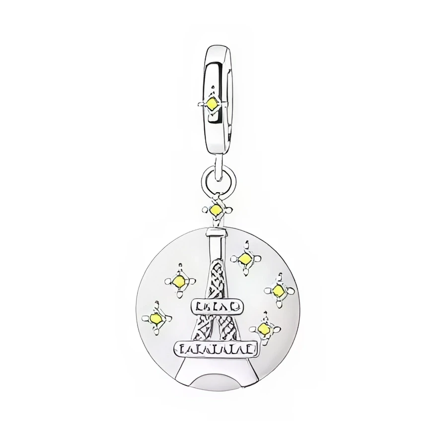Ce charm pendant en argent 925 représente un médaillon rond orné d’une Tour Eiffel stylisée au centre, comme dessinée en léger relief. Tout autour, de petites touches d’émail jaune figurent des lumières scintillantes, rappelant les illuminations de Paris la nuit, tandis que la bélière lisse est décorée d’un motif lumineux assorti.

Caractéristiques :
Matière : Argent 925 avec émail jaune.
Design : Médaillon rond avec Tour Eiffel en relief et points lumineux dispersés, bélière lisse assortie.
Coloris : Argen