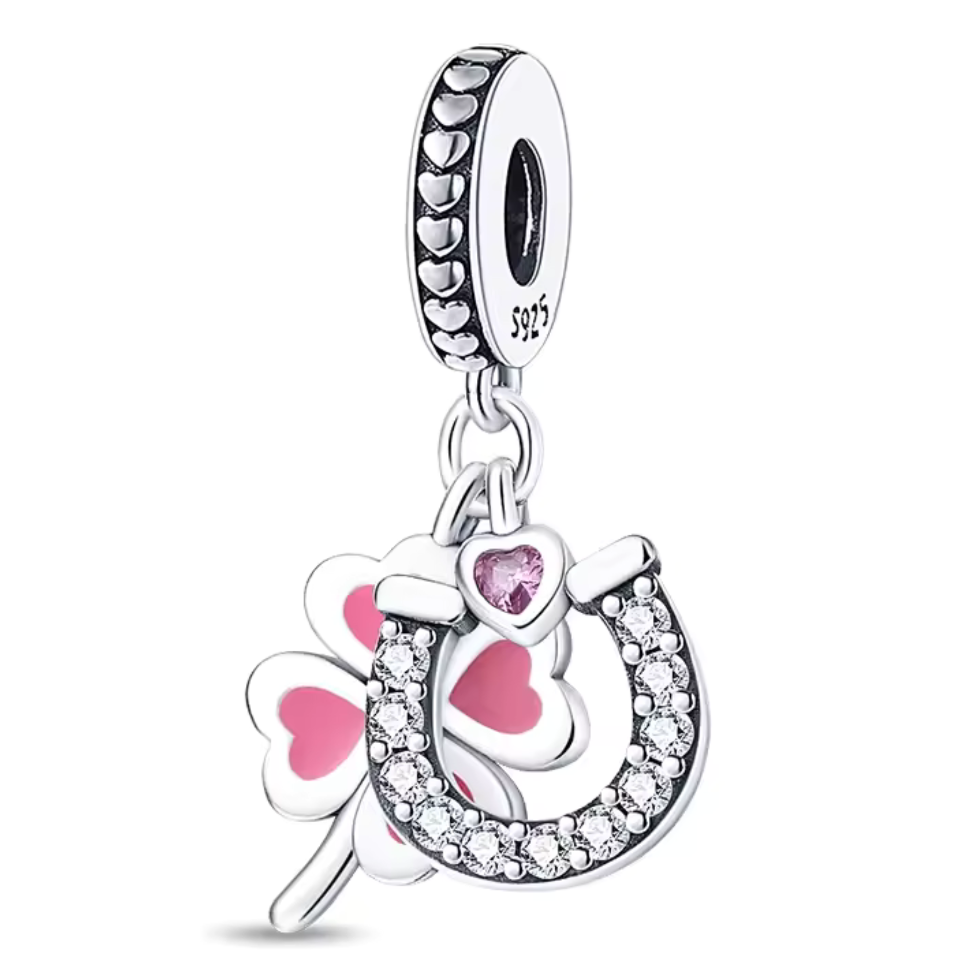 Accueillez la chance et l’amour avec ce charm raffiné en argent 925 représentant un trèfle à quatre feuilles et un fer à cheval orné de cristaux étincelants ! Les cœurs roses en émail sur le trèfle et le petit cœur rose sur le fer à cheval apportent douceur et charme à ce bijou symbolique. Parfait pour compléter un bracelet ou offrir un porte-bonheur chic aux personnes aimées.