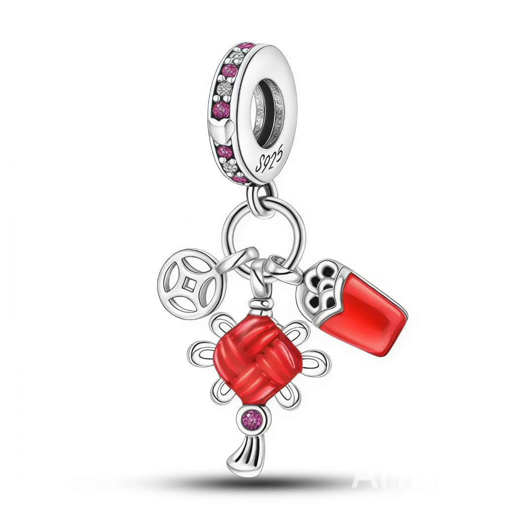 Ce charm pendentif en argent 925 met en valeur un nœud chinois rouge stylisé, accompagné d’un petit médaillon ajouré et d’une breloque type enveloppe rouge porte-bonheur, tous suspendus à une bélière pavée de strass roses et blancs. L’ensemble évoque les traditions festives asiatiques, symbolisant chance, abondance et protection.