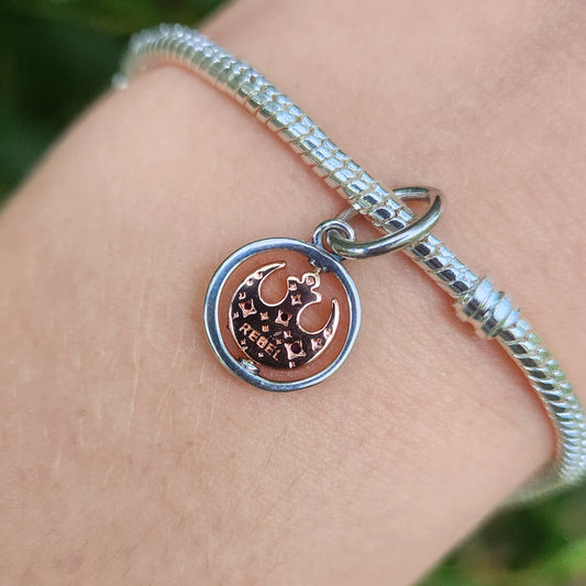 Ajoutez une touche de rébellion galactique et de couleur vibrante à votre collection avec ce charm représentant un Vaisseau de l'Alliance Rebelle en bleu et rose. Conçu en argent sterling S925, ce charm allie élégance et qualité tout en capturant l'esprit audacieux de l'Alliance Rebelle.