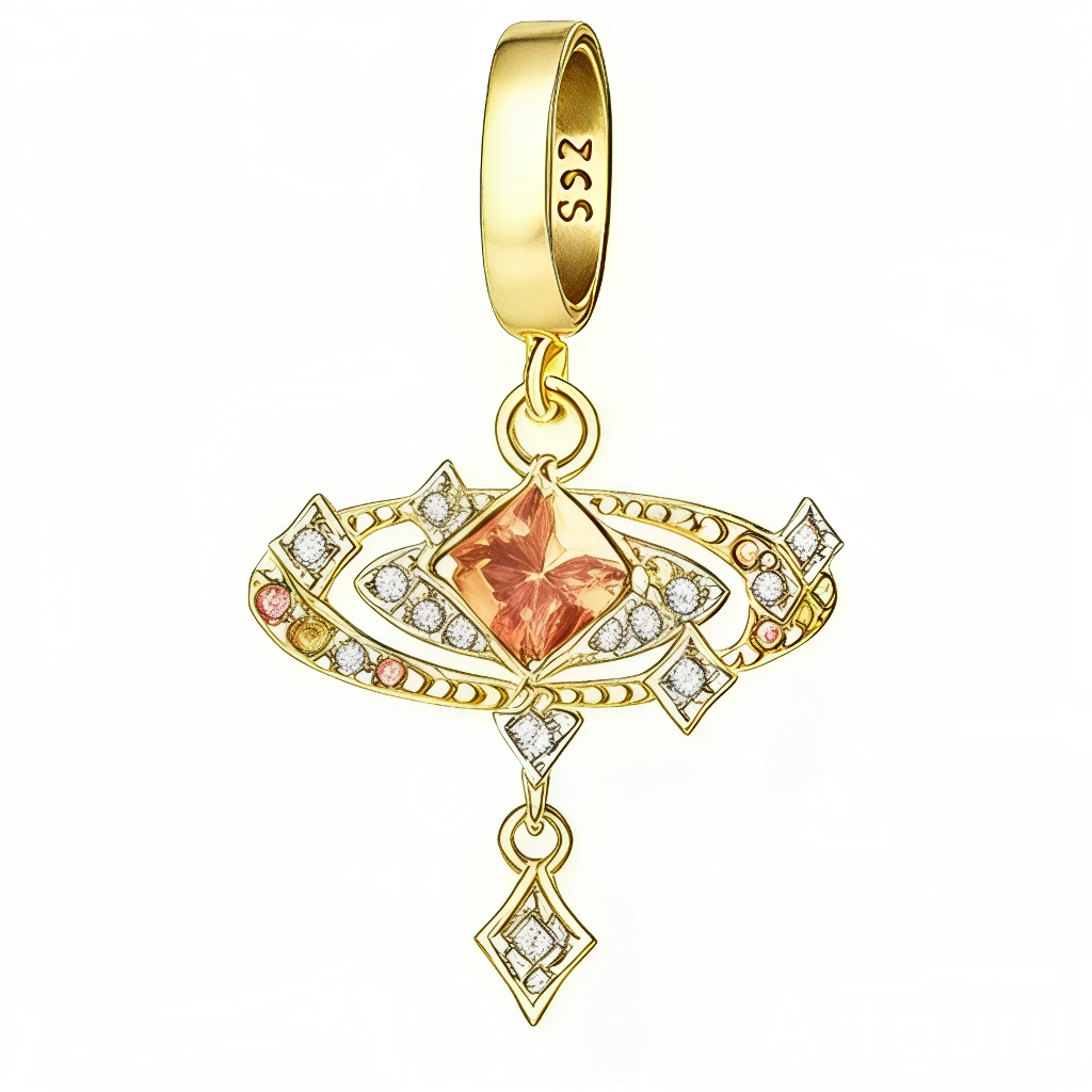 Ce charm pendentif en argent 925 plaqué d’une chaleureuse teinte dorée met en valeur une grande pierre centrale taille carrée couleur abricot, entourée d’arabesques ajourées serties de petits cristaux scintillants. La partie inférieure se termine par un motif losange suspendu, lui aussi délicatement pavé, pour une allure lumineuse et sophistiquée à porter sur bracelet ou collier.

Caractéristiques :

- Matière : Argent 925 avec finition dorée et cristaux clairs et abricot
- Design : Motif ajouré ovale orné 