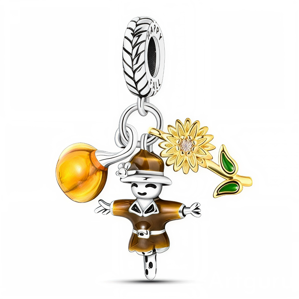 Ce charm pendentif en argent célèbre l’automne avec un adorable épouvantail brun et blanc, accompagné d’une citrouille en verre orange et d’un tournesol doré aux feuilles vertes. La bélière texturée façon tresse porte l’inscription discrète “HAPPY FALL”, rappelant la saison des récoltes et des couleurs chaudes.
