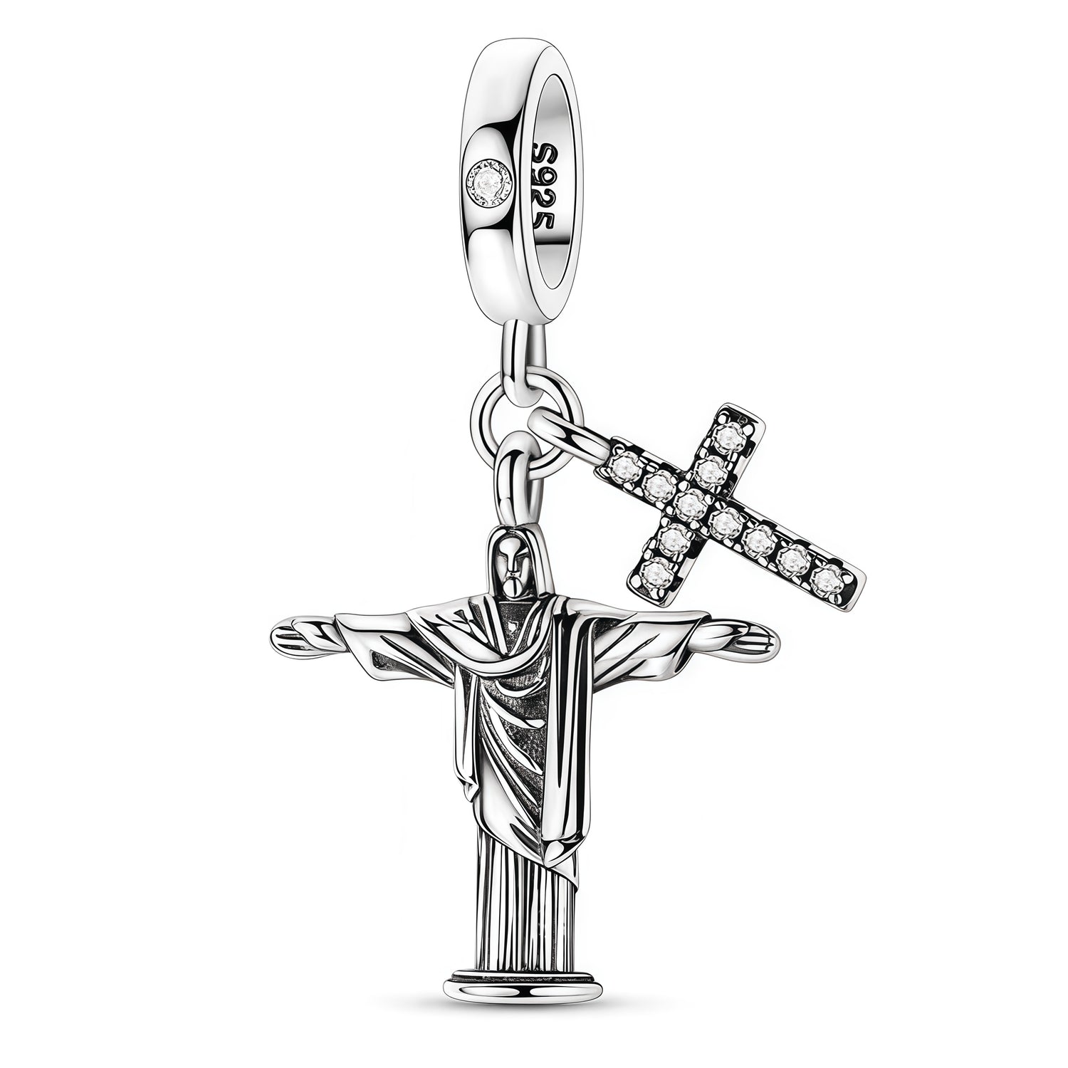 Charm pendentif représentant le Christ Rédempteur, debout les bras ouverts, accompagné d’une croix ornée de pierres scintillantes.

Caractéristiques :

- Matière : Argent 925.
- Design : Christ Rédempteur avec les bras ouverts.
- Détail : Croix pavée de pierres brillantes suspendue à côté du personnage.
- Style : Religieux, élégant et symbolique.
- Symbolique : Foi, protection, amour et espérance.
- Compatibilité : Charm pendentif pour bracelet ou collier.