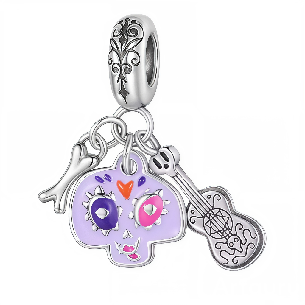 Ce charm pendentif en argent 925 s’inspire des calaveras mexicaines avec une tête de mort violette ornée de motifs colorés, accompagnée d’un petit os et d’une guitare stylisée. Il évoque la musique, la fête et l’esprit joyeux du Día de los Muertos, pour un bijou ludique et plein de caractère.

Caractéristiques :

-Matière : Argent 925/1000 massif pour la bélière et les trois breloques, émaillage multicolore sur le crâne (violet, rose, orange) pour un rendu lumineux et durable.
-Design : Charm triple composé