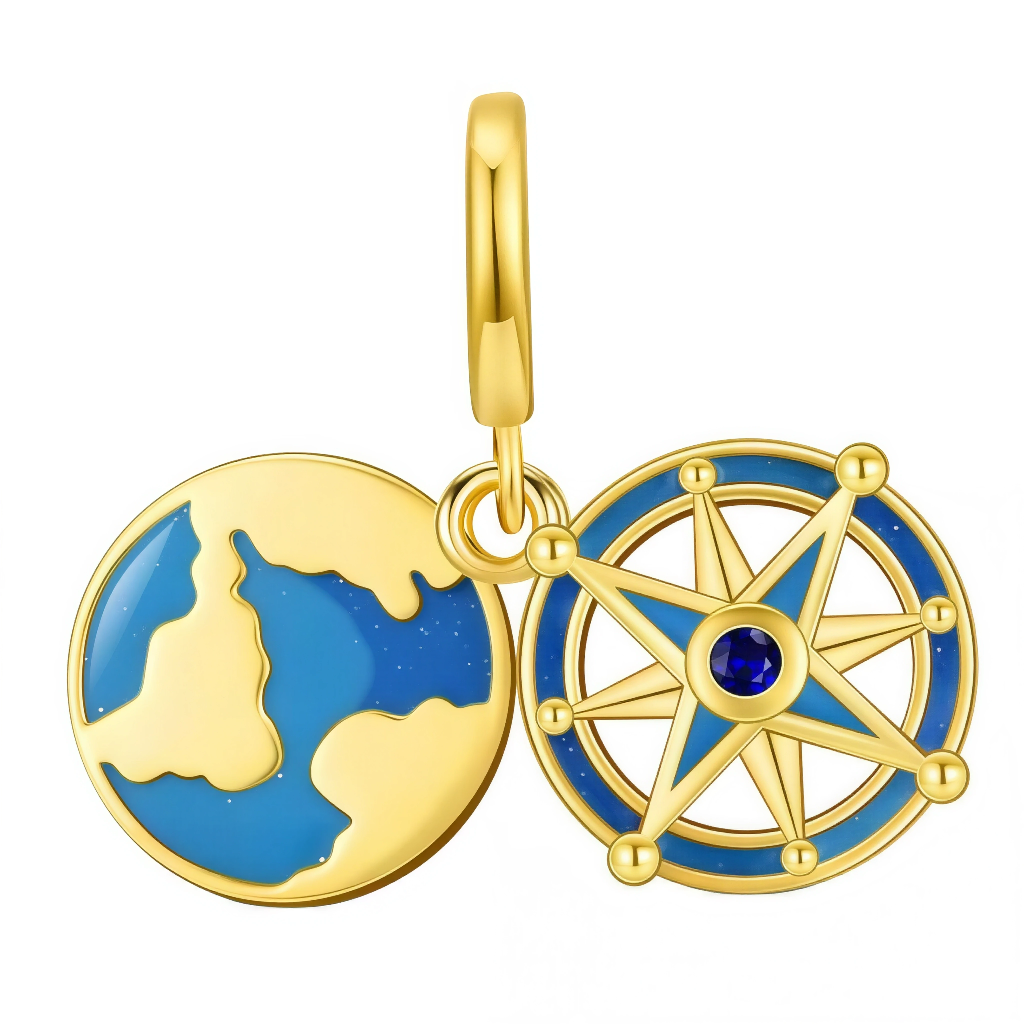 Ce charm pendentif en argent 925 pur réunit globe terrestre bleu émaillé et boussole azurée avec zircon au centre. Il incarne exploration aventure et direction vers l’inconnu.

Caractéristiques

Matière : Argent 925, émaux bleus, zircon saphir synthétique.
Design : Duo rond ajouré, continents gravés précis.
Compatibilité : Anneau pour bracelets colliers européens.