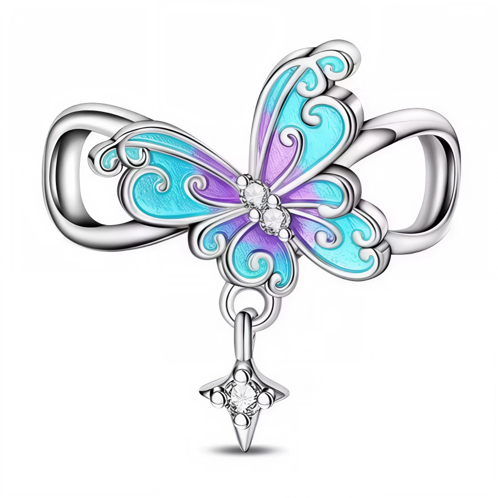 Ce charm pendentif en argent 925 (S925) montre symbole infini élégant au centre duquel un papillon violet-bleu aux ailes irisées déployées. Il symbolise amour éternel, transformation infinie et beauté perpétuelle.

Caractéristiques

Matière : Argent 925 (S925) avec émaux violet bleu irisés, zircons centre ailes.
Design : Ruban infini lisse, papillon centré ailes ajourées, motifs délicats inspirés d’une métamorphose éternelle.
Compatibilité : Compatible avec les bracelets à charms standards (type Pandora, et