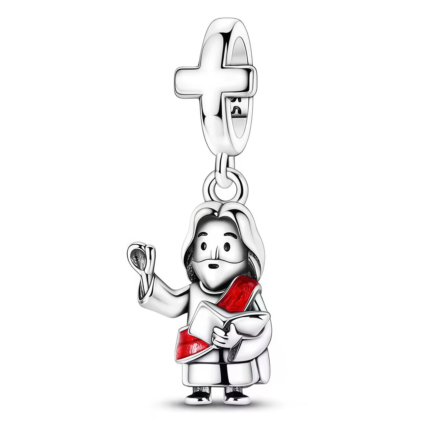 Charm pendentif représentant Jésus-Christ, avec une main levée en signe de bénédiction et tenant un livre, vêtu d’une robe avec un sash rouge. La bélière en forme de croix renforce le caractère religieux du bijou.

Caractéristiques :

- Matière : Argent 925.
- Design : Jésus-Christ avec livre et geste de bénédiction.
- Détail : Croix intégrée sur la partie supérieure.
- Couleur : Argent avec détails rouges.
- Style : Religieux, symbolique et élégant.
- Symbolique : Foi, bénédiction, protection et spirituali