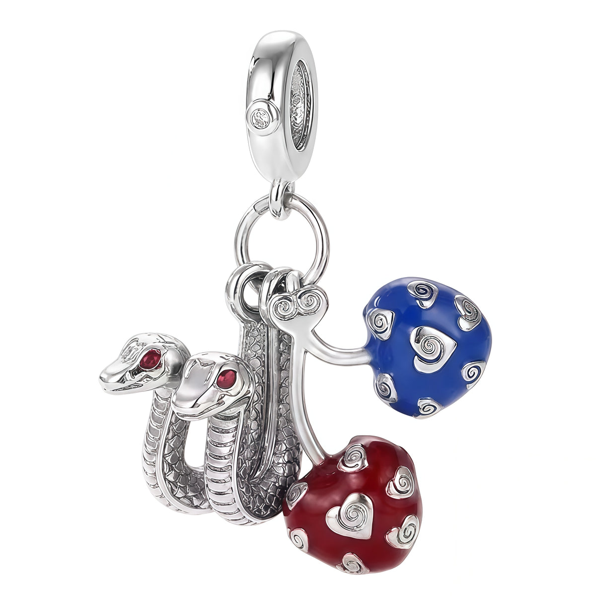 Charm pendentif inspiré de l’univers de One Piece, avec un motif représentant deux serpents argentés aux yeux rouges, accompagnés de deux fruits du démon colorés en bleu et en rouge avec des motifs en spirale. Finement travaillé en argent 925 avec des détails colorés et brillants, ce modèle offre un rendu original et reconnaissable pour les passionnés de la série.

Caractéristiques :
Matière : Argent 925 avec détails bleus, rouges et brillants.
Design : Deux serpents argentés, yeux rouges et fruits du démon