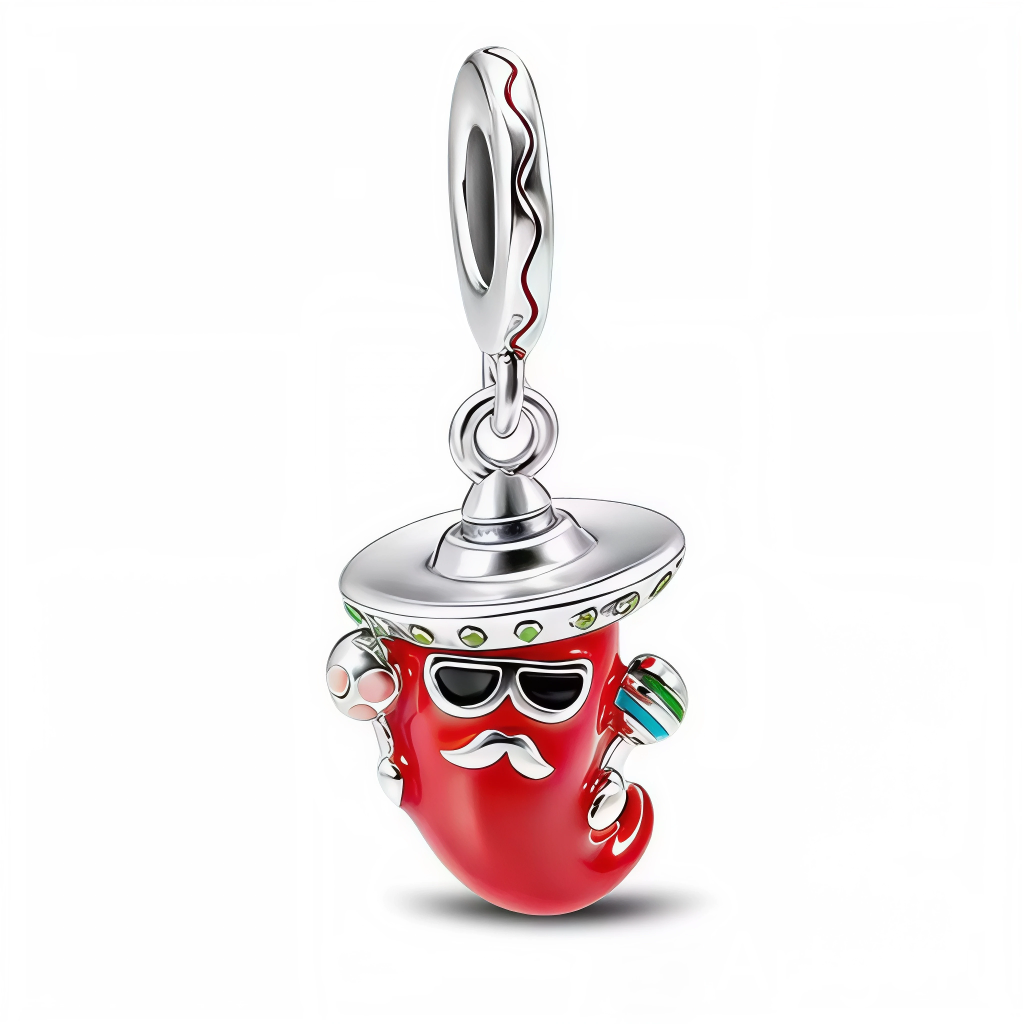 Ce charm pendentif en argent 925 représente piment rouge moustachu lunettes noires sombrero coloré. Symbole piquant bonne humeur fête mexicaine humour assumé.

Caractéristiques

Matière : Argent 925 émail rouge vert multicolore.
Design : Personnage 3D détaillé accessoires ludiques.
Compatibilité : Bracelets colliers style européen.