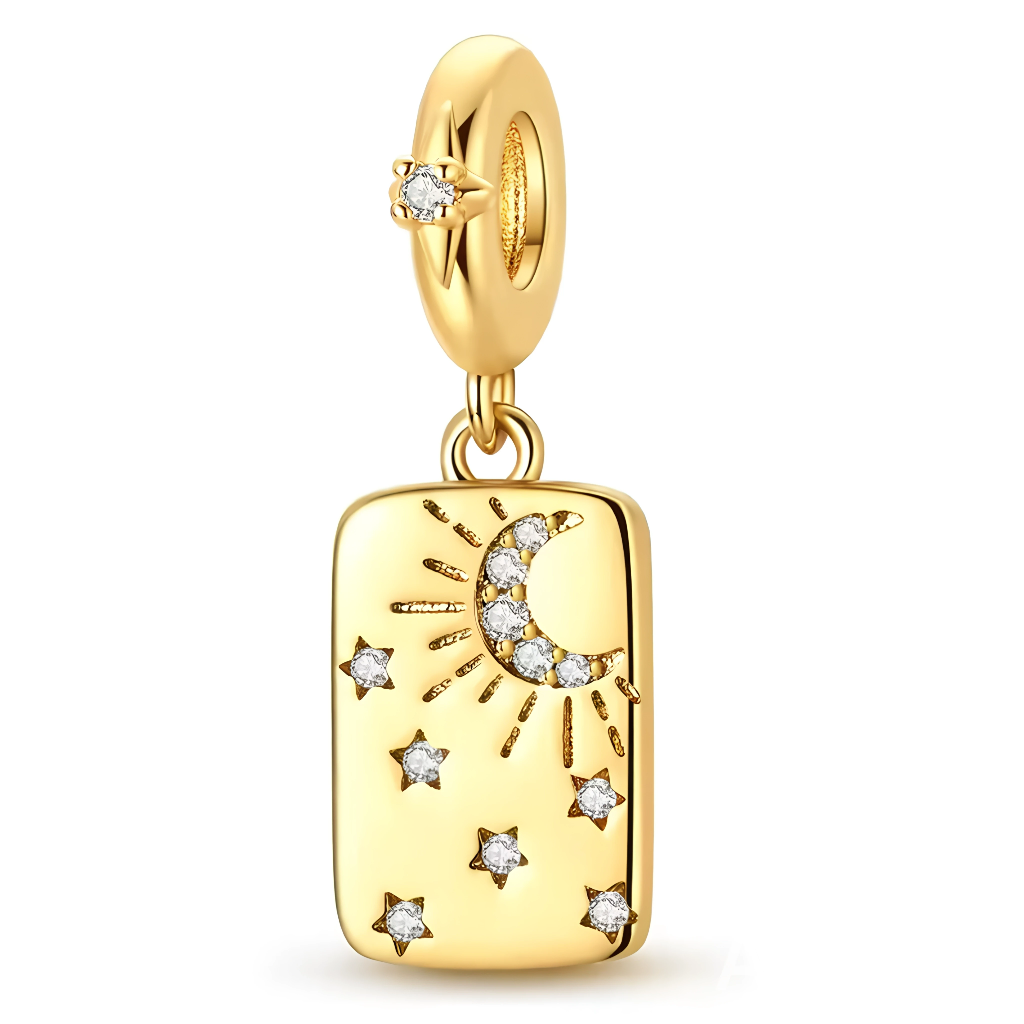 Ce charm rectangulaire en argent 925 arbore lune croissant rayons soleil étoiles zircons étincelants. Symbole harmonie céleste dualité lumière ombre aspirations cosmiques.

Caractéristiques

Matière : Argent 925 zircone multiple.
Design : Forme tag minimaliste motifs stellaires fins.
Compatibilité : Bracelets colliers thèmes astrologie bohème.