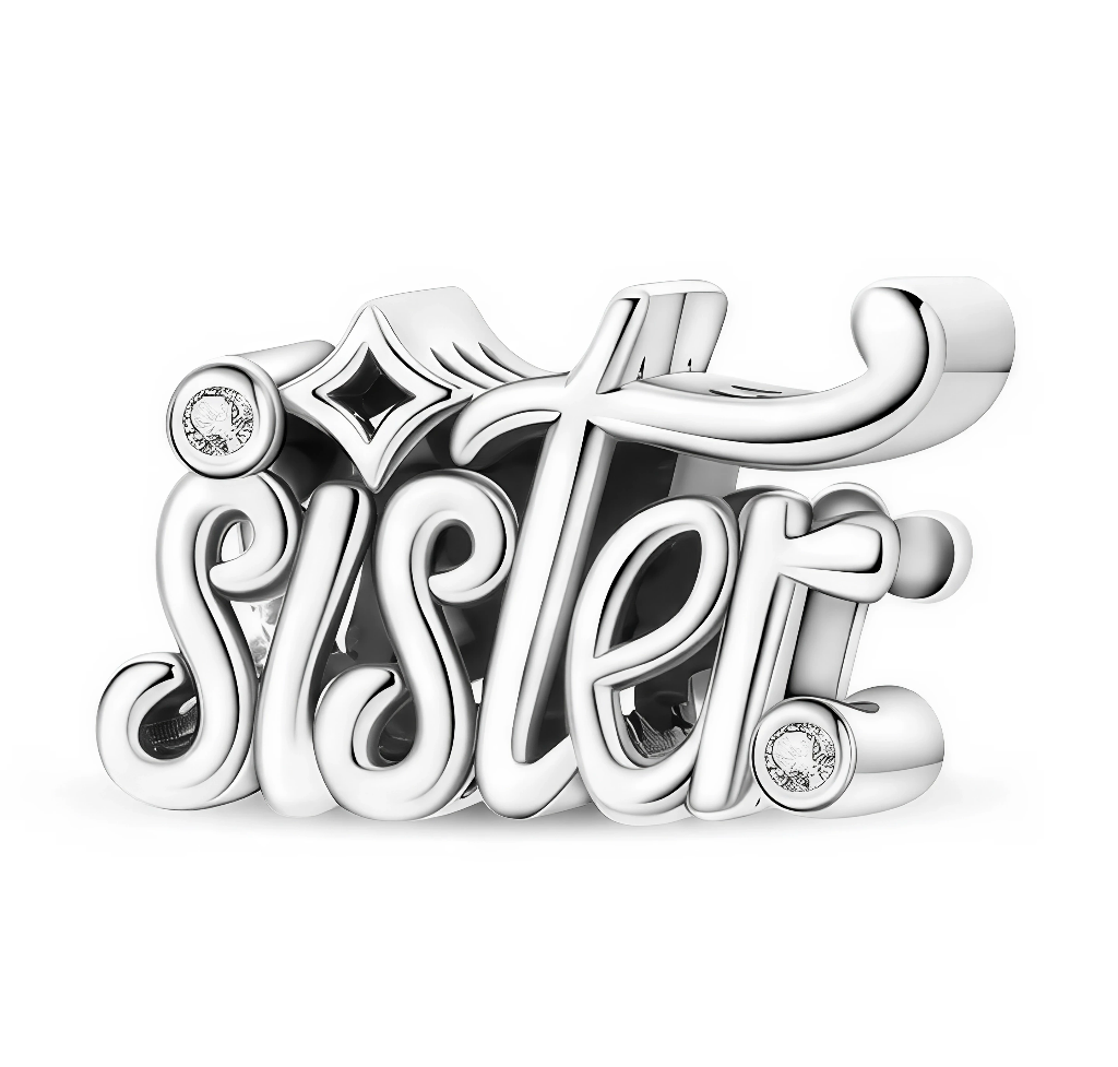 Ce charm en métal argenté forme le mot « sister » dans une écriture cursive épaisse, avec de larges boucles et des extrémités arrondies qui lui donnent un aspect doux et moderne. Deux petits cristaux clairs ronds sont sertis dans les points des lettres au début et à la fin du mot, et un motif d’étoile stylisée vient souligner le côté précieux du lien fraternel.

Caractéristiques :

-Matière : Métal argenté avec cristaux synthétiques transparents.
-Design : Mot « sister » en relief dans une typographie scrip