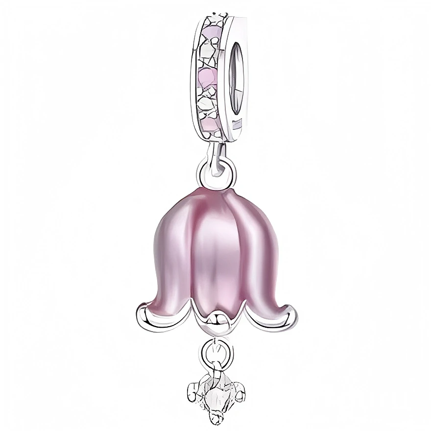 Ce charm en métal argenté représente une délicate fleur en forme de clochette, aux pétales bombés nacrés rose violacé, suspendue à un anneau lisse incrusté de petits éclats rose et blancs façon mosaïque. Sous la corolle pend un petit cristal transparent facetté, qui imite le cœur scintillant de la fleur.

Caractéristiques :

-Matière : Métal argenté, résine ou émail nacré rose, éclats décoratifs rose/blanc et cristal synthétique transparent.
-Design : Fleur clochette tombante, pétales lustrés, petit pendant