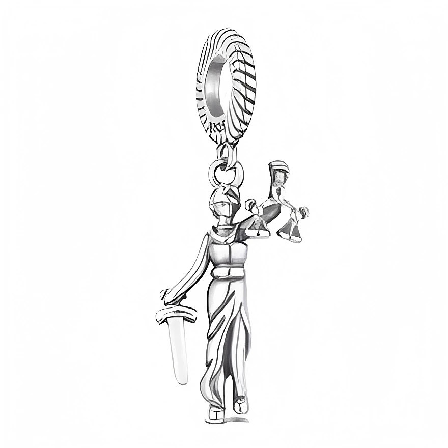 Ce charm en métal argenté représente une figurine de la Justice, drapée dans une longue robe, tenant un glaive abaissé dans une main et une petite balance dans l’autre, symbole d’équilibre et de vérité. La silhouette est suspendue à un anneau rond texturé façon corde torsadée, qui ajoute du relief tout en restant sobre pour mettre en valeur la petite statue.

Caractéristiques :

-Matière : Métal argenté poli.
-Design : Figure féminine de la Justice avec glaive, balance et bandeau, pendentif articulé sous un