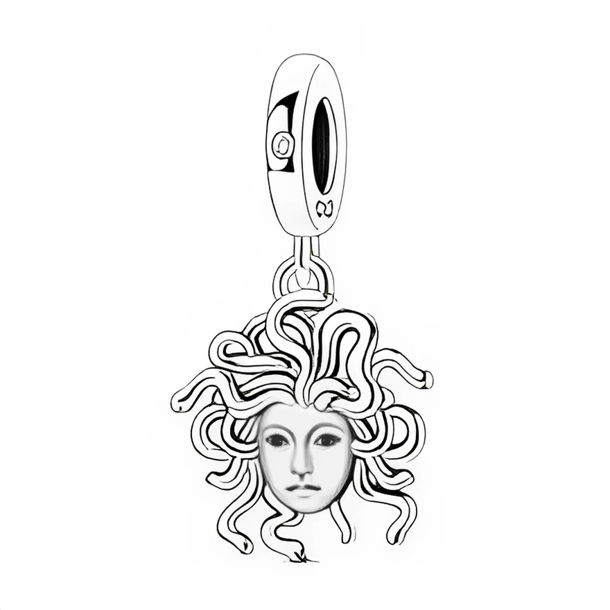 Ce charm en métal argenté représente une tête de Méduse stylisée, avec un visage lisse et expressif encadré d’une chevelure de serpents ondulants gravés en relief. La médaille est suspendée à un anneau lisse légèrement épais, décoré d’un petit élément circulaire discret sur le côté, ce qui donne un aspect moderne à ce motif antique.

Caractéristiques :

-Matière : Métal argenté poli.
-Design : Visage féminin détaillé entouré de serpents entrelacés, pendentif articulé sous un anneau sobre.
-Coloris : Argent 