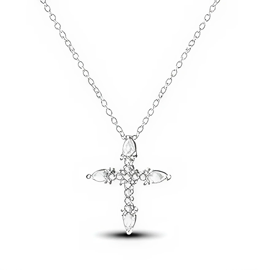 Ce collier en argent fin présente un pendentif croix élégant, composé de pierres claires facettées en forme de gouttes à chaque extrémité et de petits cristaux ronds au centre, pour un éclat délicat mais très lumineux. La croix est suspendue à une chaîne fine à maillons ovales réguliers, qui met en valeur le pendentif tout en restant légère et confortable à porter au quotidien.

Caractéristiques :

-Matière : Argent fin (ou métal argenté) avec cristaux transparents facettés.
-Design : Pendentif croix formé 
