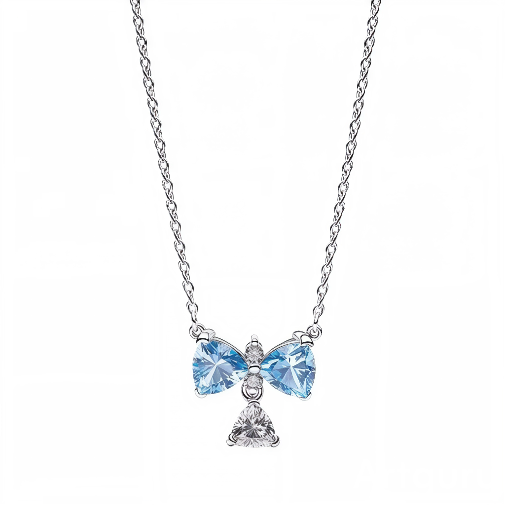 Ce pendentif sur collier fin en argent 925 arbore un nœud papillon gracieux formé de deux pierres triangulaires bleues facettées et une pierre triangle transparente au centre, évoquant délicatesse et féminité avec une touche colorée aérienne. La chaîne légère souligne sa silhouette élégante et joyeuse.

Caractéristiques :

Matière : Argent 925 (S925) et oxydes de zirconium bleus/transparents
Design : Nœud double avec trois pierres triangle serties, anneau de suspension intégré, collier chaîne fine
Style : D
