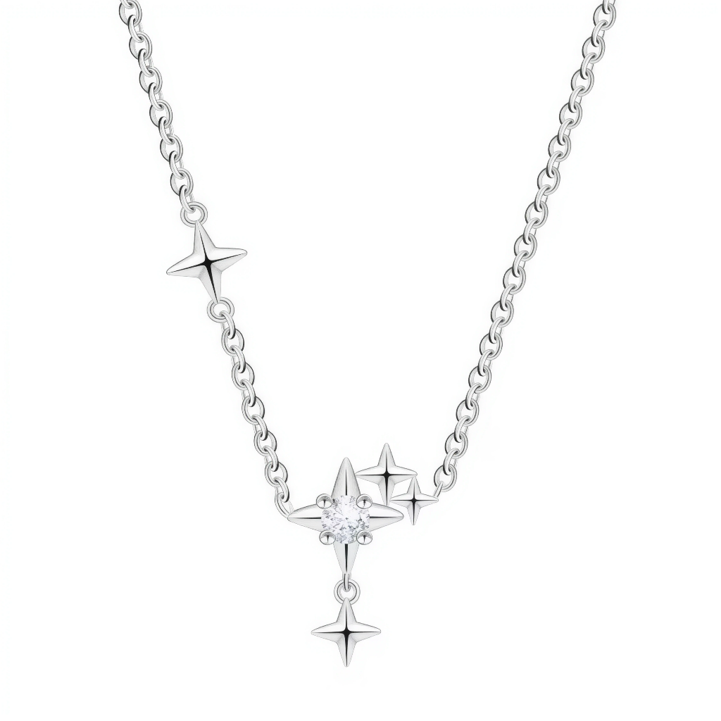Ce collier en argent 925 présente un pendentif central formé d’une étoile à quatre branches sertie d’un cristal rond étincelant, prolongée par une petite étoile pendante pour un effet goutte très lumineux. Deux autres étoiles lisses sont intégrées sur la chaîne de chaque côté, donnant l’impression d’une mini constellation autour du cou.

Caractéristiques :

-Matière : Argent 925/1000 (sterling silver) avec cristal clair facetté.
Design : Motif étoiles minimaliste, une étoile centrale pavée, une étoile penda
