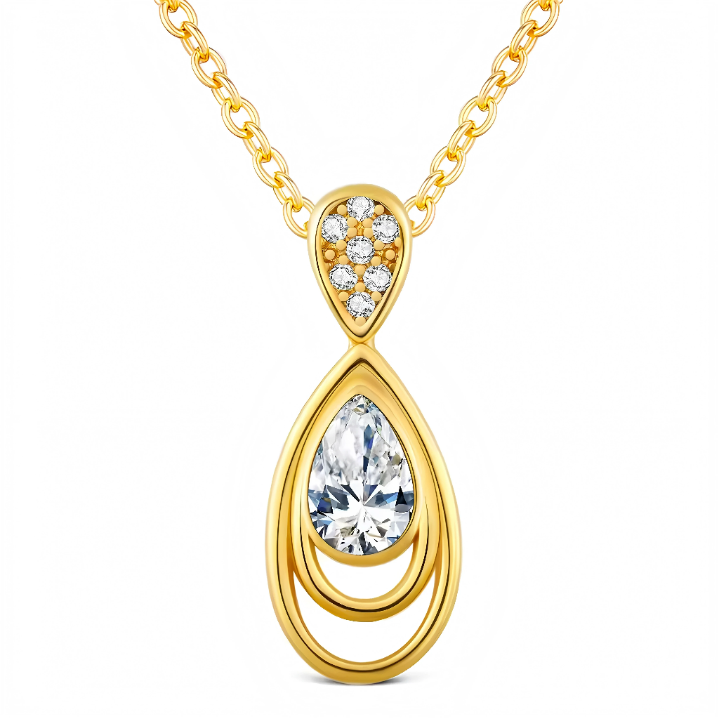 Ce collier doré en argent 925 présente un pendentif en forme de double goutte, au centre duquel brille une pierre taille poire étincelante. Le motif allongé affine le décolleté et apporte une touche de glamour discret, idéale pour les grandes occasions comme pour sublimer une tenue chic du quotidien.

Caractéristiques :

-Matière : Base en argent 925/1000 massif, recouverte d’un placage doré lumineux, ornée d’un cristal synthétique transparent taille poire et de petits cristaux ronds en pavage sur la partie